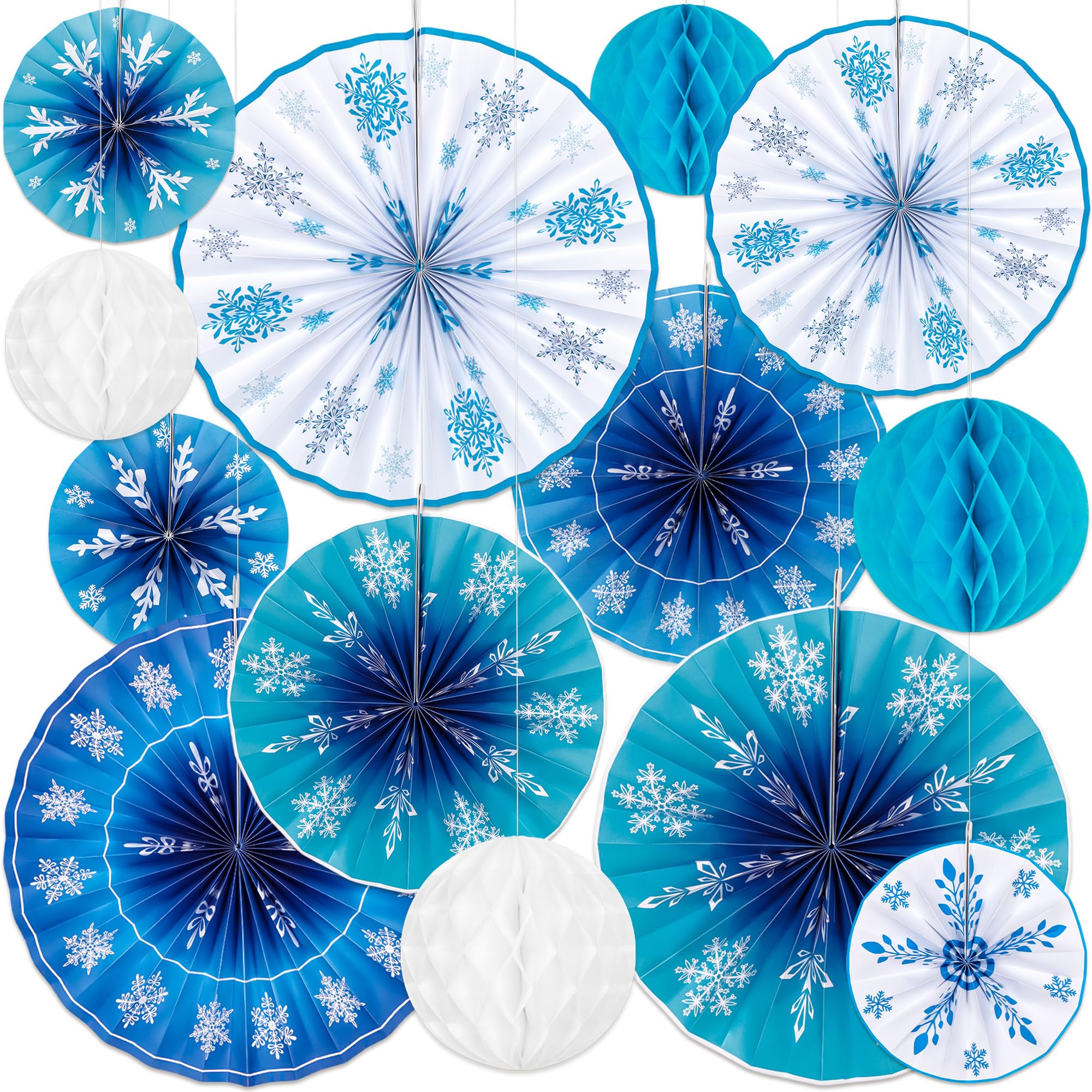 13Pcs Winter Snowflakes Hanging Paper Fans Decorations - Christmas Wonderland Blue White Ceiling Wall Decor for Classroom Birthday Holiday Party Supplies