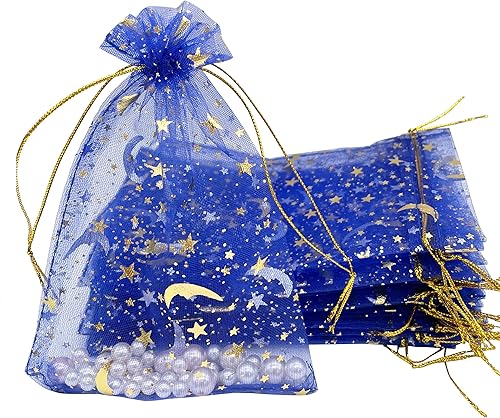 Miniatura 5 de 100 bolsas de organza azul de 4 x 6 pulgadas, pequeñas bolsas de regalo de joyería con cordón y estrella de luna para boda, baby shower, fiesta,