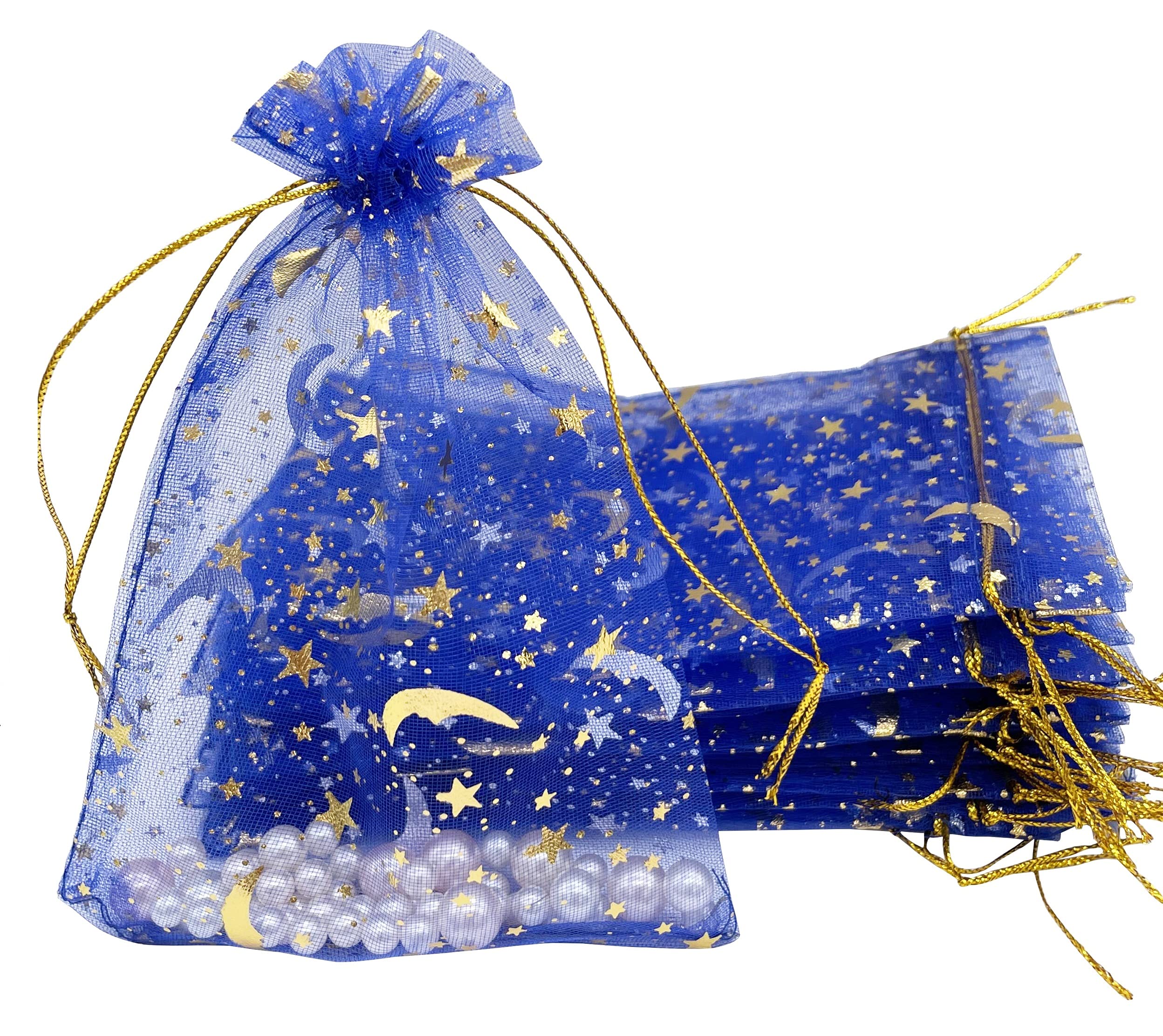 Jexila 100 szt. niebieskich torebek z organzy 10 x 15 cm, mały sznurek na biżuterię, torba na prezent, księżyc, gwiazda, na ślub, baby shower, przyjęcie, upominek, siatkowe torby na cukierki