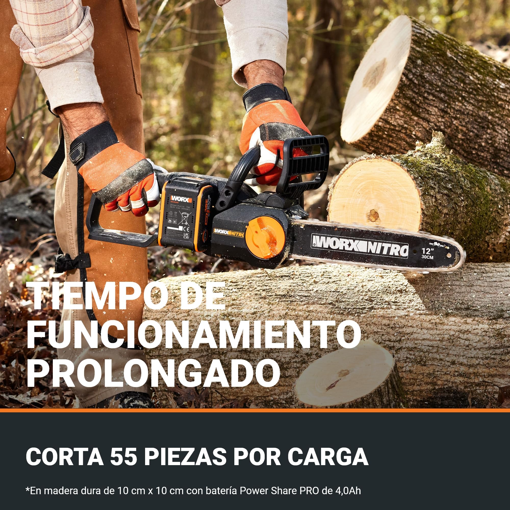 WORX WG350E.9 Nitro - Motosierra profesional con batería de 20 V, potente sierra para madera, 10 m/s, longitud de corte de 30 cm, compacta y segura, lubricación automática, tensión de cadena simple,