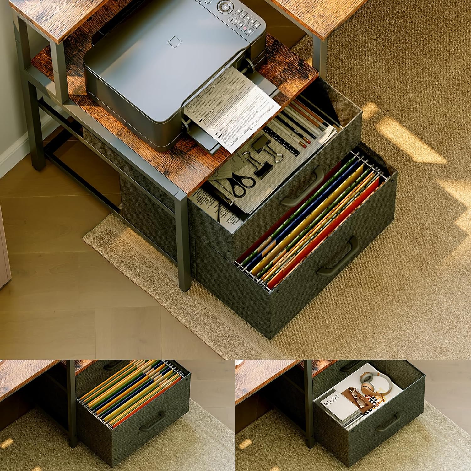 Close-up view of the fabric file drawers of the ODK L-Shaped Desk, showing one drawer filled with hanging files and another with various office supplies.