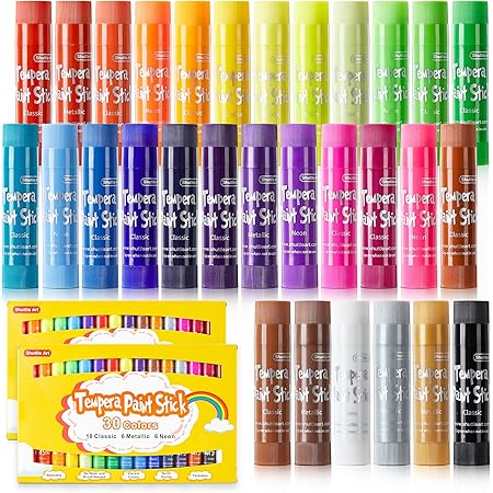 Shuttle Art Tempera Paint Sticks, 60 Pack, 2 Sets of 30 Colors Solid Tempera Paint, Washable, Super Quick Drying, Works Great on Paper Wood Glass Ceramic Canvas for Class School
