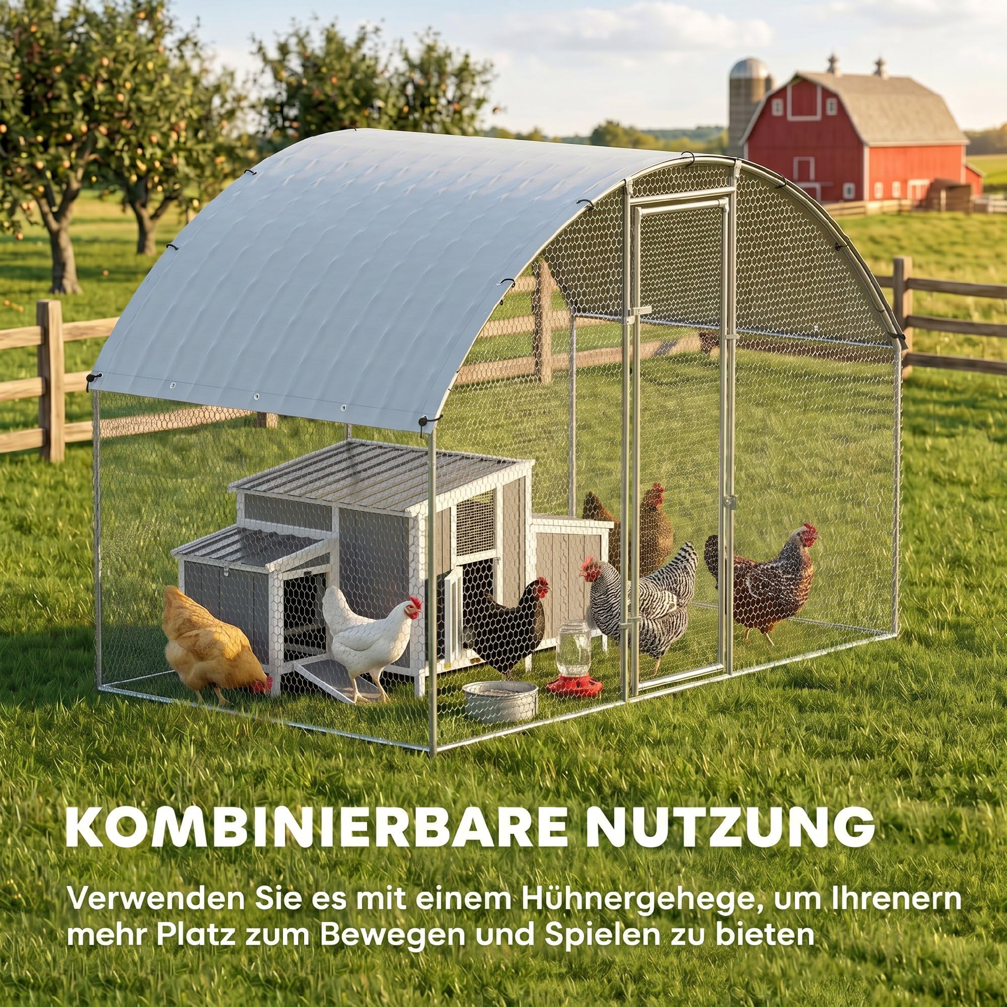 PawHut Hühnerstall Hühnerhaus aus Holz 145 x 90 x 92 cm, Freilaufgehege mit abschließbarer Tür, Nistkasten, wasserdichtem PET-Dach, Sitzstangen, Hühnergehege für 3-4 Hühner, für Garten, Grau