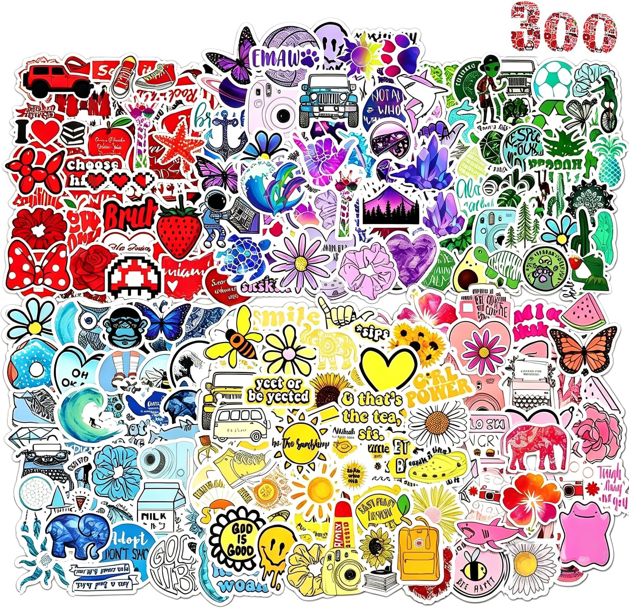 300 Pcs Cute Coloured Stickers for Adults Children Teens, Teacher Reward Prizes for Kids, Waterproof Vinyl Stickers for Laptop Scrapbooking Skateboard Journaling Phone Suitcase Water Bottle Diary etc