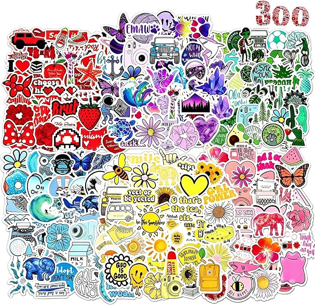Stickers bouteille d'eau 300 Pcs Aesthetic Cute Sticker Pack pour Adolescents Adultes, Stickers Autocollant Vinyle Imperméable pour Scrapbook Ordinateur portable Journal Skateboard Bagage Snowboard Macbook Coupe ordinateur portable etc
