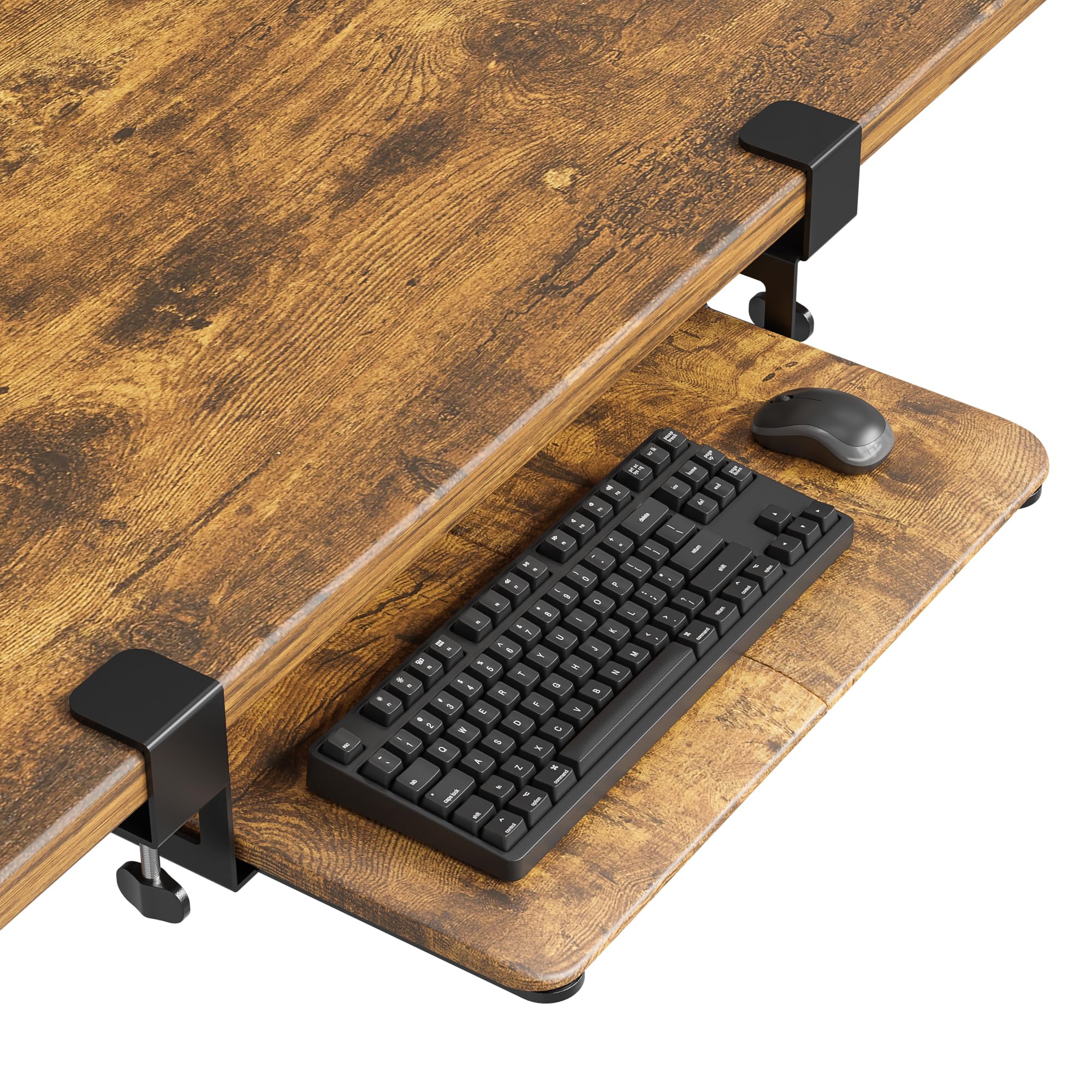 BONTEC KMT01-PJ Under Desk Keyboard Tray, Pull-Out Keyboard & Mouse Platform with C-Clamp, 20 x 11.8 in Space-Saving Ergonomic Slide-Out Drawer, Rustic Brown