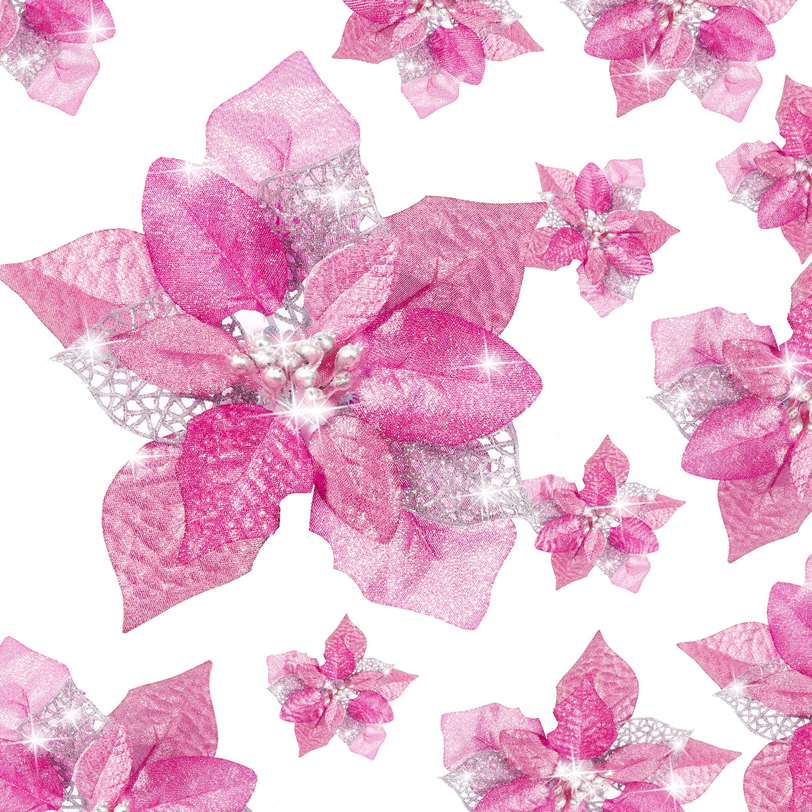 Boao 24 Pieces Christmas Glitter Flowers Poinsettia Artificial Xmas Flowers Wedding Christmas Tree New Year Ornaments (Pink)