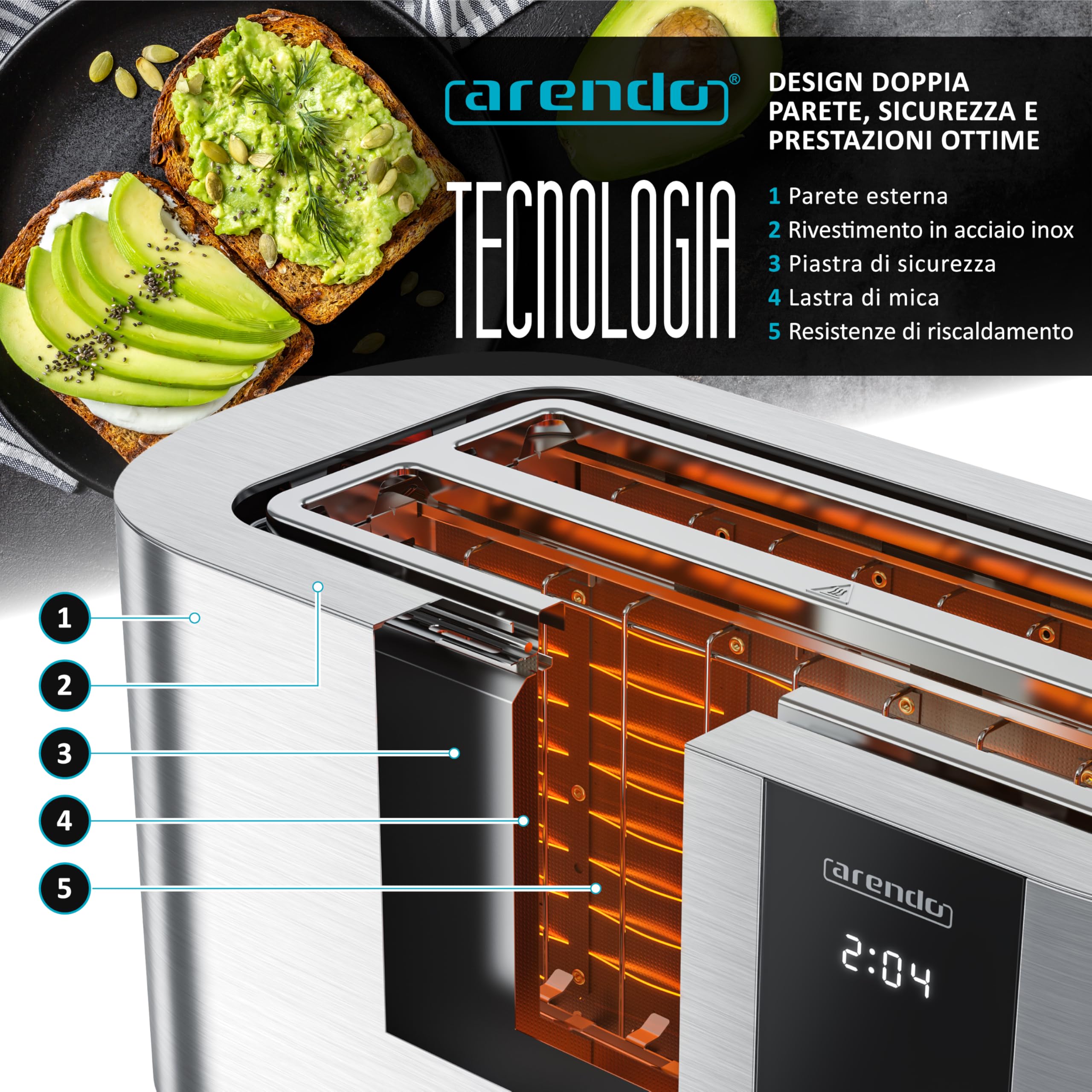 Tostapane a 2 Lunghe Fessure per 4 Fette, 1500 W, Visualizzazione a colori dei livelli di doratura, Display con indicazione del tempo rimanente, Tasti touch, Scaldapasta viennese, Doratura da 1 a 6