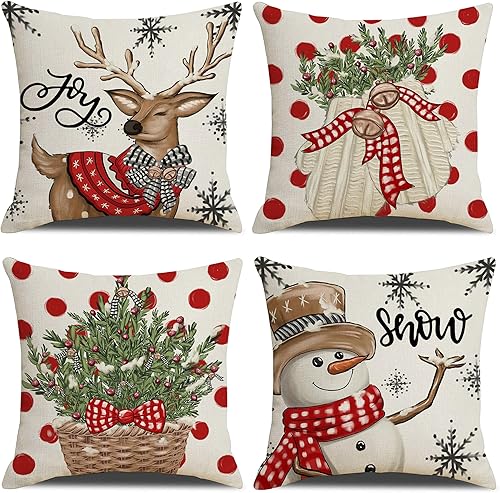 LITIVY Juego de 4 fundas de almohada decorativas para decoración de Navidad, decoración del hogar para sofá (árbol de Navidad, muñeco de nieve,