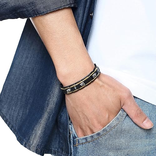 Miniatura 2 de VNOX Pulsera de eslabones de protección ajustable de ojo de Horus ojo de Ra Ankh de acero inoxidable para hombre pulsera de amuleto Piedra de lava