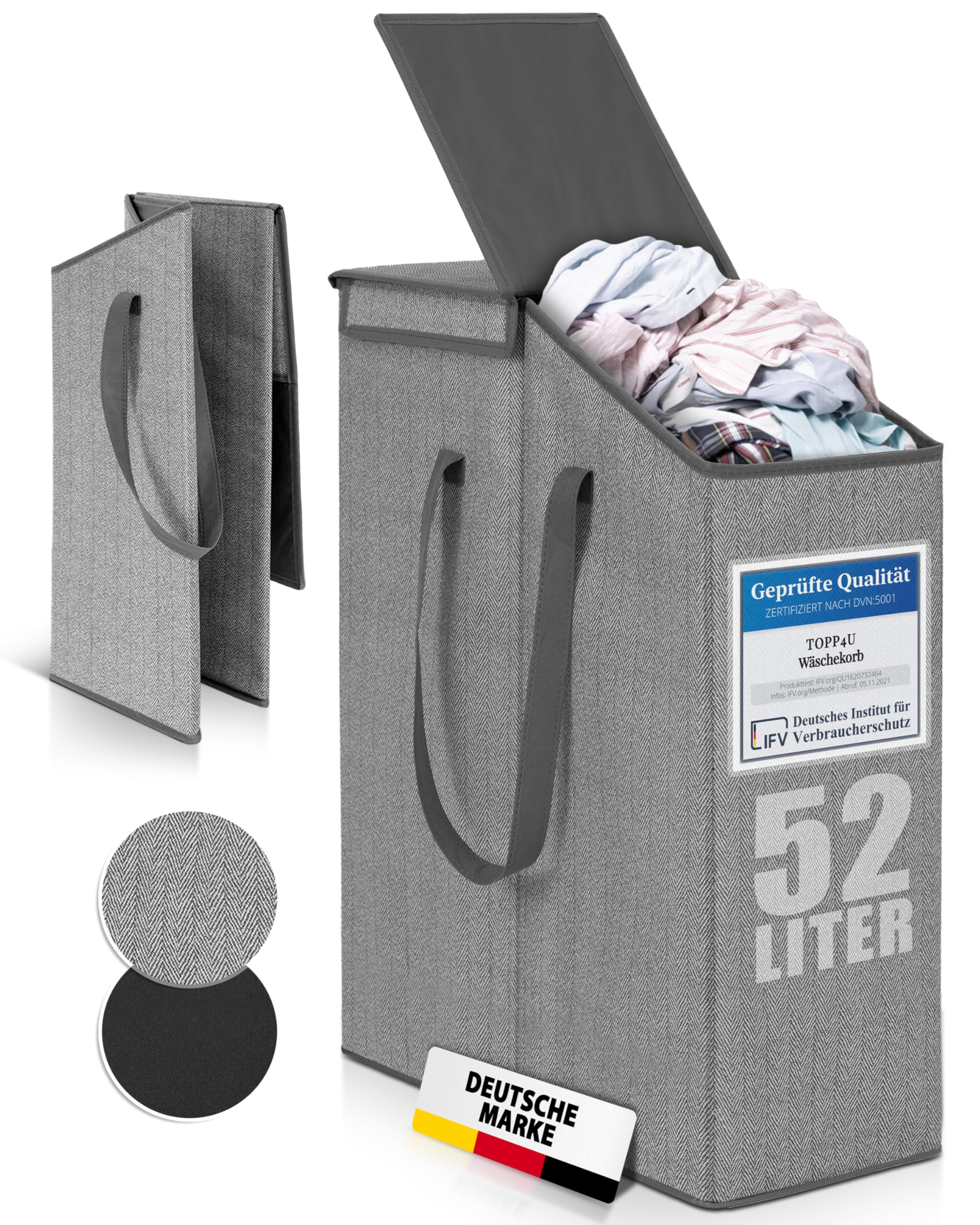 Topp4u Cesto per la Biancheria Stretto con Coperchio – Cesto per la Biancheria Pieghevole per Riti con Molto Volume – 52 Litri – 20 x 45 x 60 cm – Cestino per la Lavanderia Sottile in Design Grigio