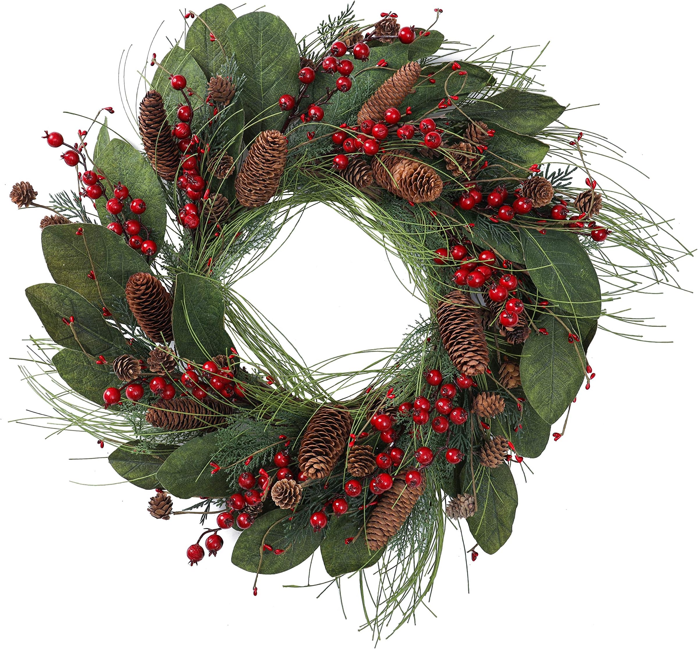 22 inches Handmade Christmas Wreath Winter Wreath with Magnolia Leaves, big red berries, big pinecones,pip berry for Indoor Outdoor Farmhouse Home Wall Window Festival Wedding Decor