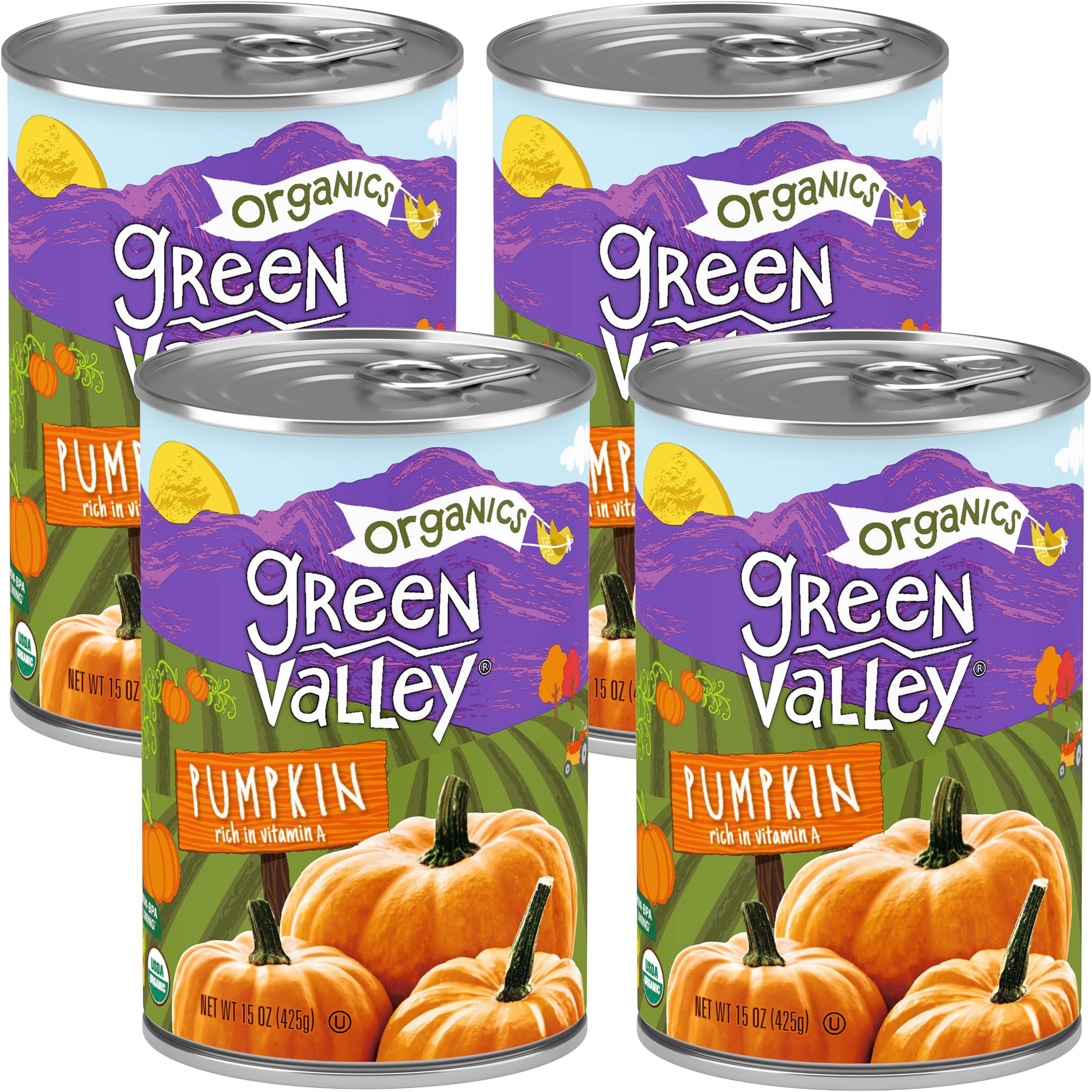 Green Valley Organics Pumpkin | Certified Organic | 100% Dickinson Variety | Sweet Earthy Delicious | Firm & Smooth | Vibrant Autumn Orange | American Grown & Made | 15 oz (Pack of 4)