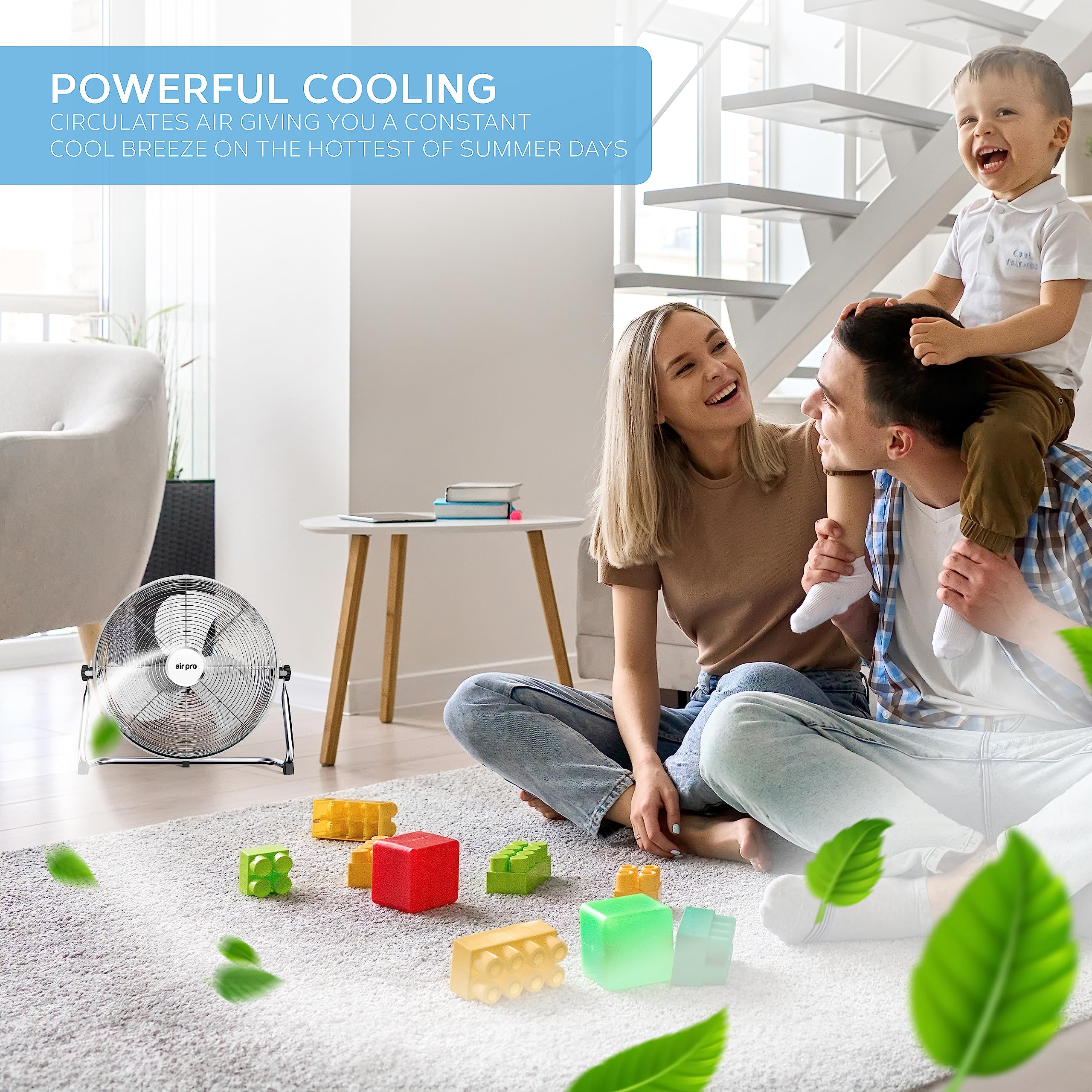 Air Pro 16" Floor Fan - Powerful Air Cooling & Circulating Fan with 3 Speed Setting & Adjustable Tilt - Indoor Home, Office, Gym Fan Quiet Portable Electric Fan with Metal Blade & Body 1.6m Long Cable