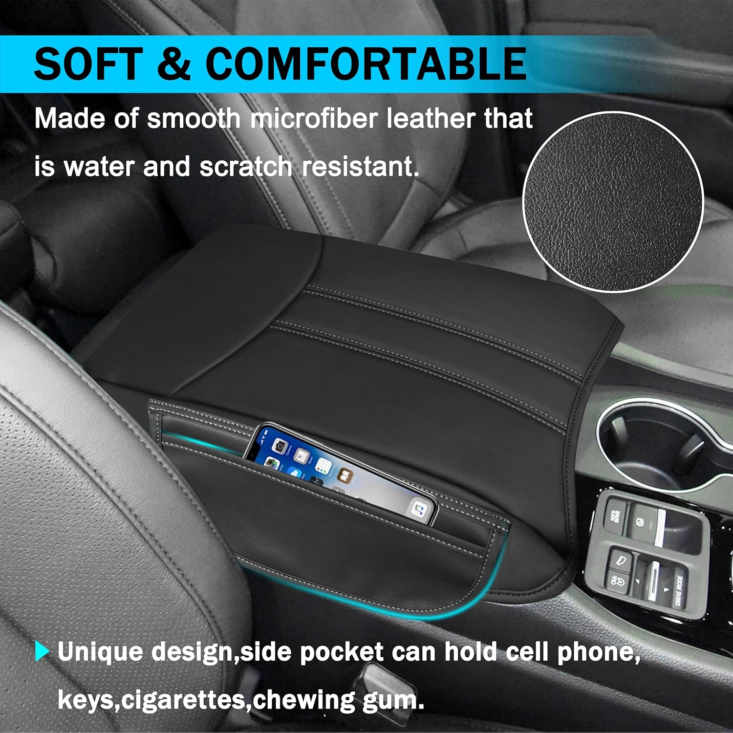 SENSHINE Armrest Cover for Honda Pilot Accessories 2023 2024 2025 2026 Center Console Cover Anti-Scratch Leather Armrest Protector Middle Console Pad with Side Pockets for Honda Pilot (Gray Stitch)