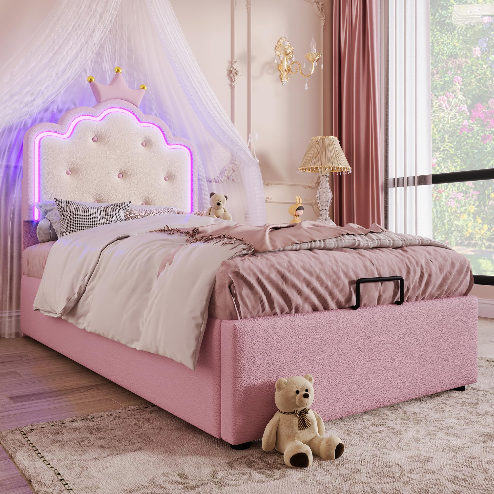 Merax Kinderbett 90x200, Polsterbett für Mädchen Kronen-Einzelbett mit LED-Streifen, Hydraulischer Stauraum, aus PU-Leder Bettrahmen mit Lattenrost(ohne Matratze), Rosa