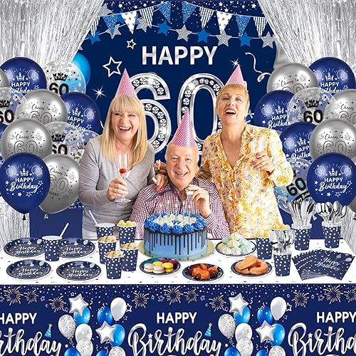 Vista 4 de Decoraciones azules de fiesta de cumpleaños 60 para hombres y mujeres, azul marino, plateado, pancarta de feliz cumpleaños 60, globos, servilletas
