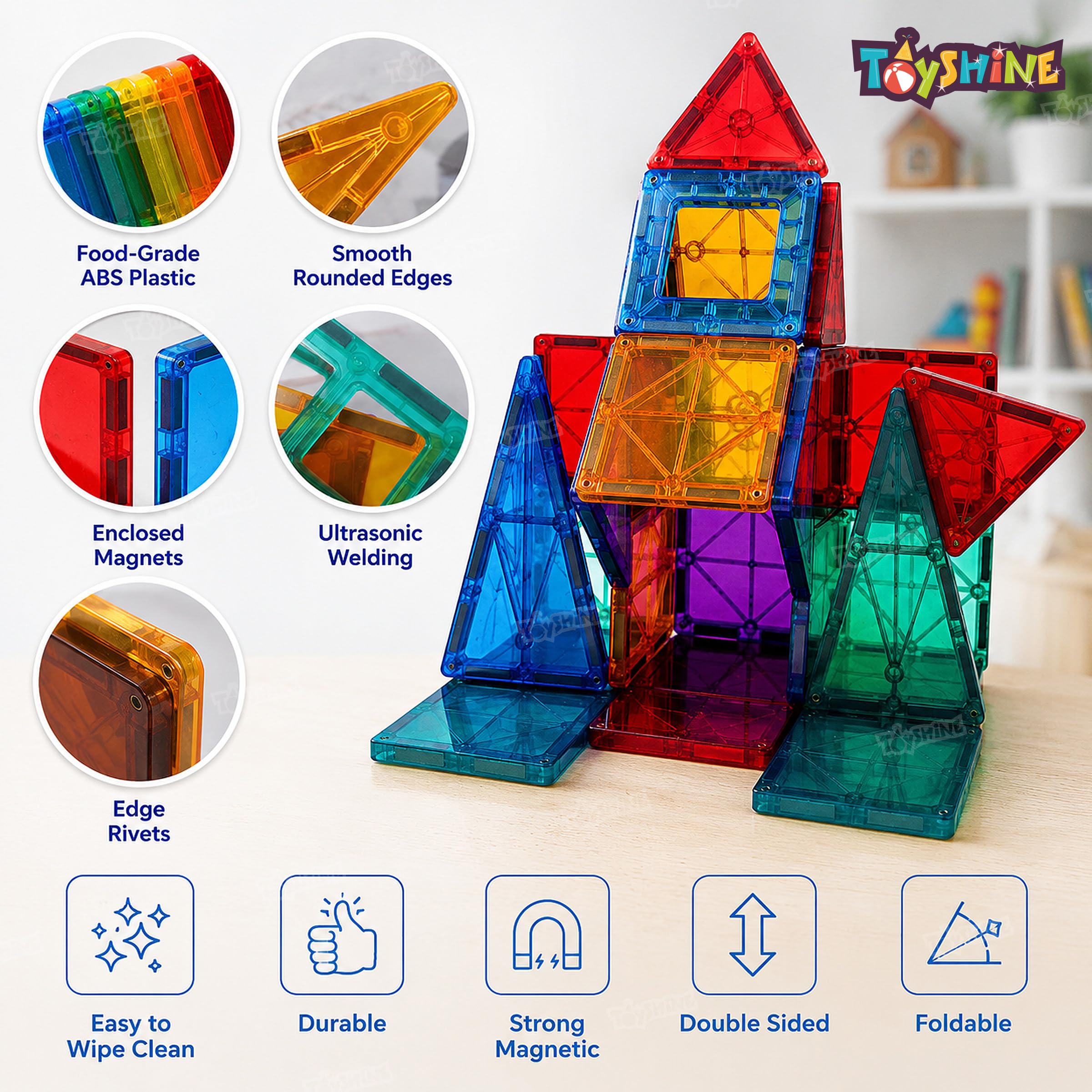 Toyshine Kids Magnet Toys Magnetic Tiles, 48 PCs Magnetic Building Blocks, Educational Toys for Kids Children 3