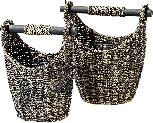 Miniatura 6 de Trademark Innovations - Cestas de pasto marino de 12.2 pulgadas y 9.4 pulgadas con asas de madera, juego de 2 (marrón)
