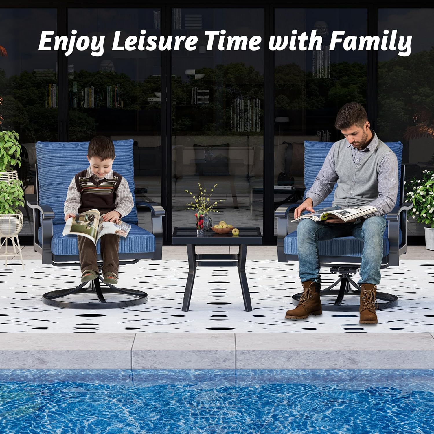 HOMREST Outdoor Swivel Rocker Patio Chairs with Coffee Table 3 PCS Bistro Set, 360 Degree Swivel Rocking Chair Patio Conversation Set with Thickened Cushions for Garden, Deck and Poolside