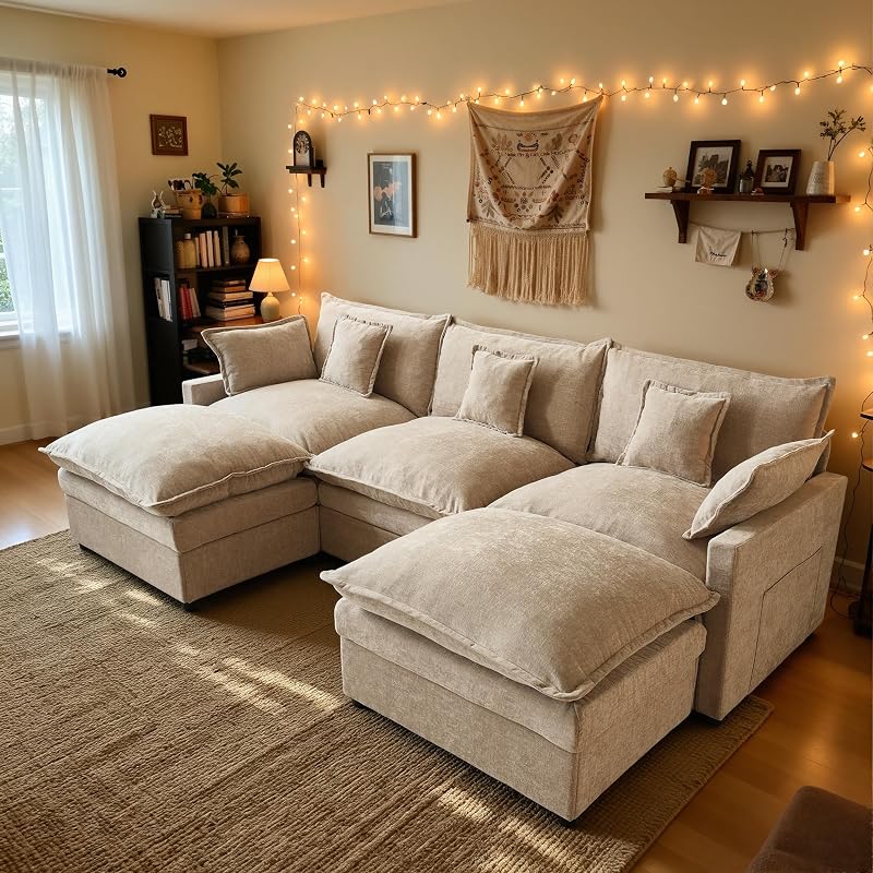 weaxty W 108'' U Shaped Cloud Couch, 3-Seater Sofa with 2 Ottoman, Oatmeal