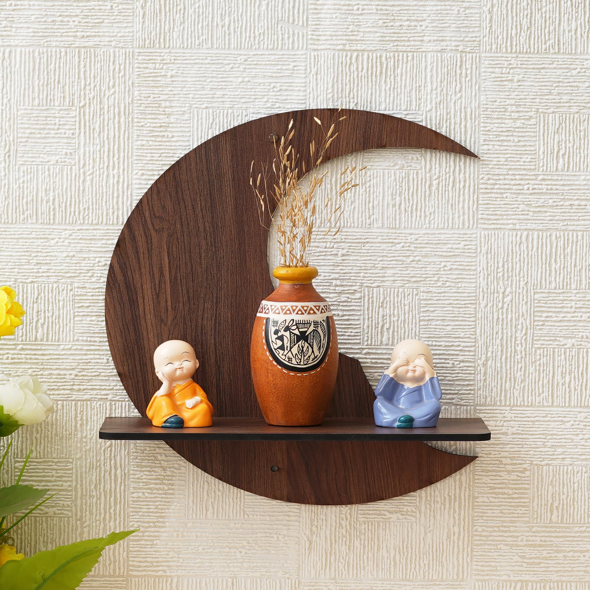 eCraftIndia Brown Moon Shape Designer Wooden Wall Shelf | Stylish Home Decor and Storage Solution for Living Rooms, Bedrooms, Kitchen for Celebrations Like Diwali, Eid-image-21