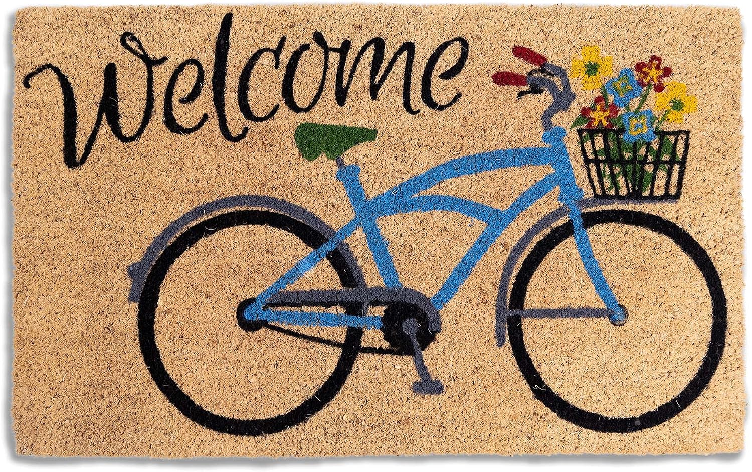 Avera Products | Welcome Bike with Flowers, Natural Coir Fiber Doormat, Anti-Slip Mat Back