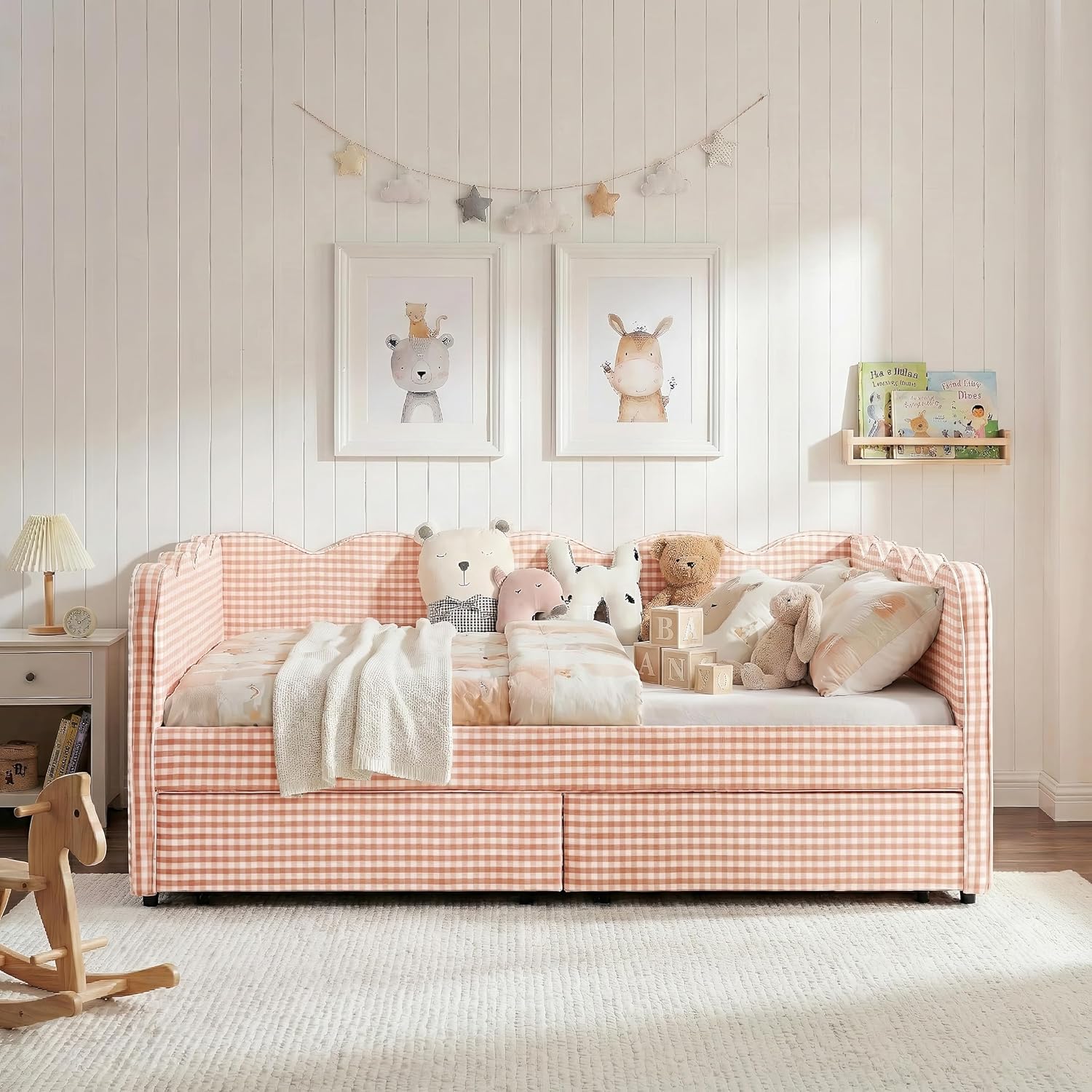 Queen Size Upholstered Daybed with Storage Drawers, Cozy Gingham Daybed with USB Charging Port and Adorable Wave Shaped for Living Room Bedroom, Pink