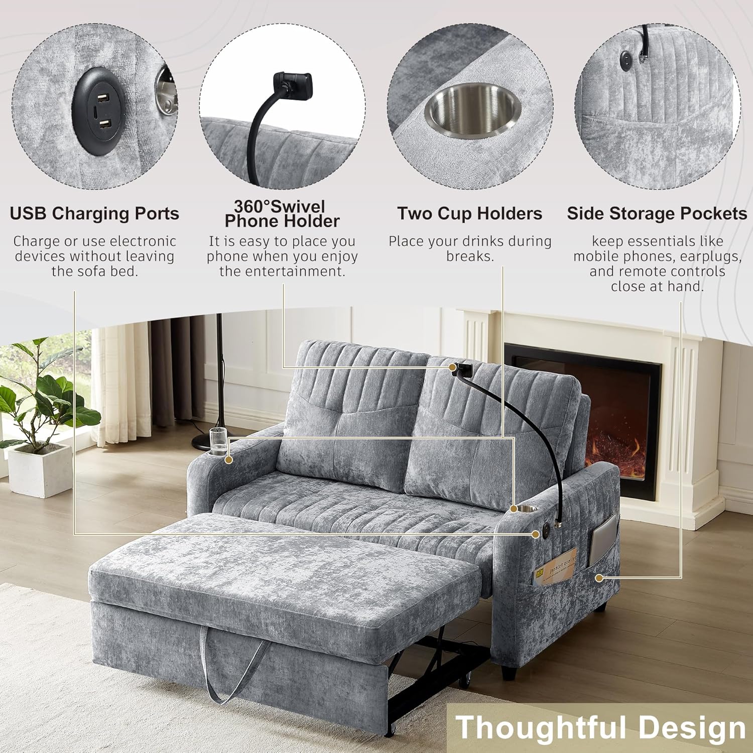 Merax Chenille 3-in-1 Pull Out Sleeper Sofa Bed Couch, 54" Convertible Futon Loveseat with Adjustable Backrest, 2 Cup Holders, Phone Stand, 3 Charging Ports and Storage Pockets for Living Room, Gray