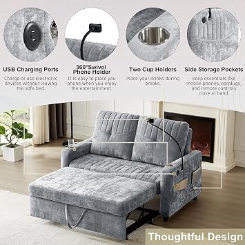 Sofa Bed, 53.9 Modern Loveseat Pull-Out Sofa Bed with Adjustable Backrest, 2 Cup Holders, Phone Holder, 3 Charging Ports and Side Storage Pockets for Small Spaces, Living Room, Bedroom (Grey)