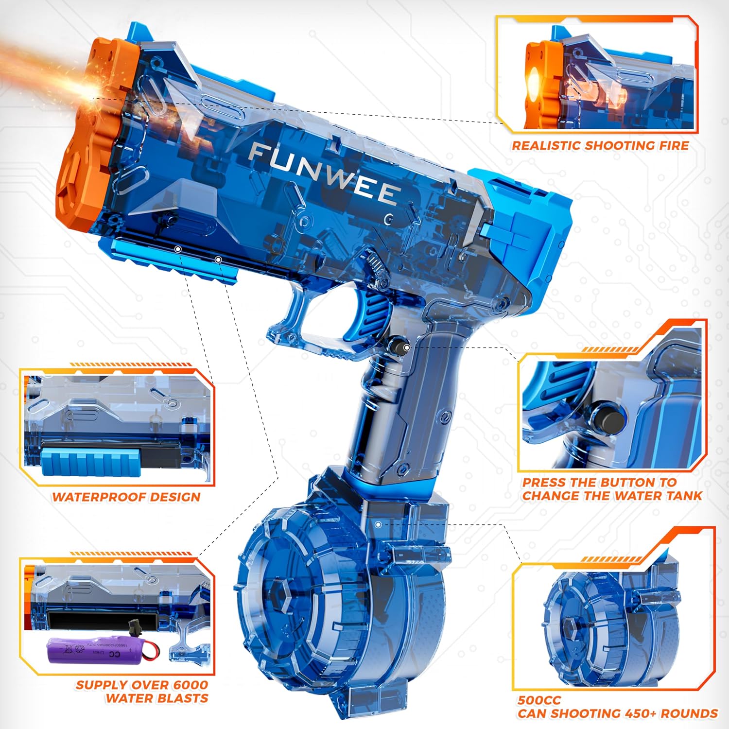 Funwee 2025 New Upgrade 2 Pack Electric Water Guns, Light Up Full Automatic Squirt Gun High Capacity 500+ Water Blasts, Long Range Water Blaster Soaker, Outdoor Pool Auto Water Toy for Adult Kid