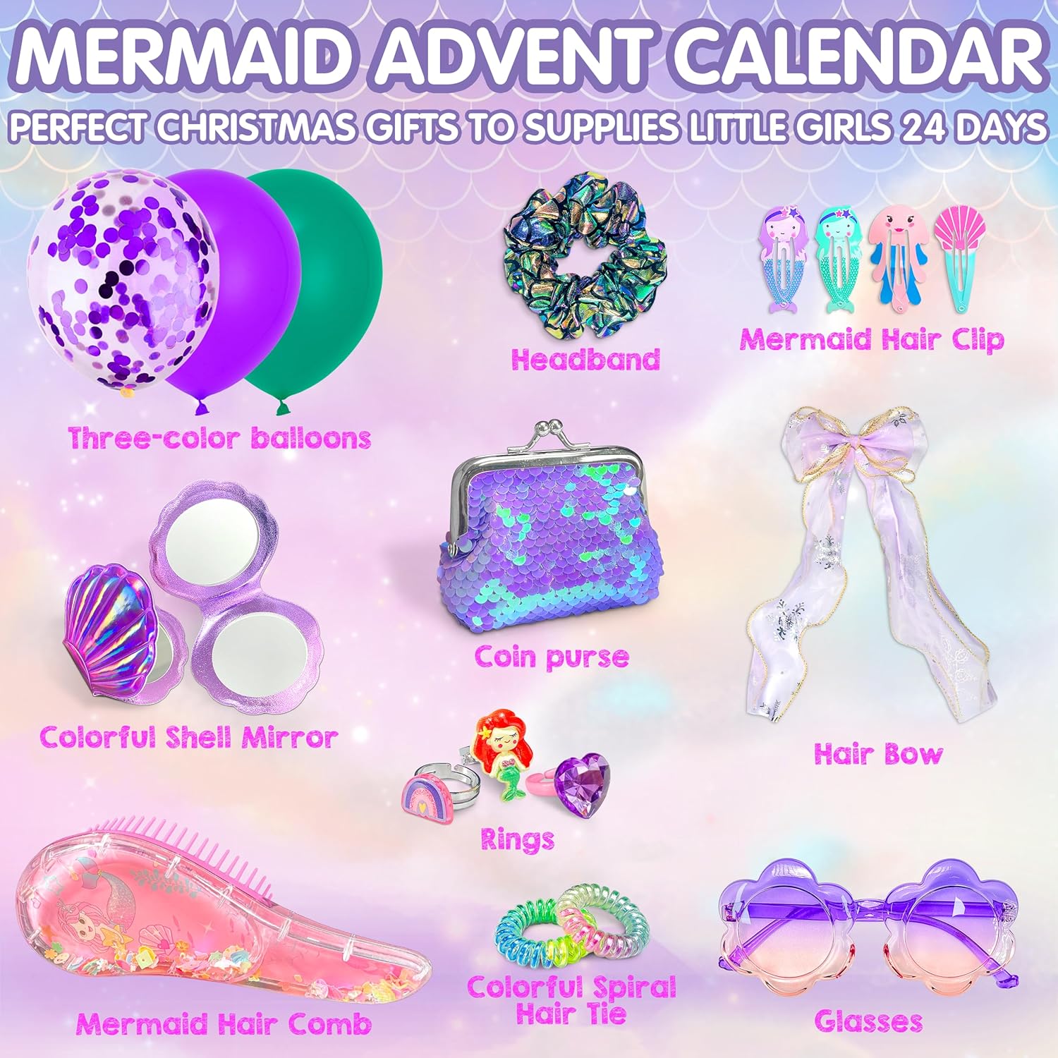 LINAYE Advent Calendar 2025 for Girls - Mermaid Advent Beauty Calendar Christmas Countdown, 24 Days Mermaid Accessories & Treasure Xmas Christmas Surprise Gifts for Girls Kids Daughters Granddaughters