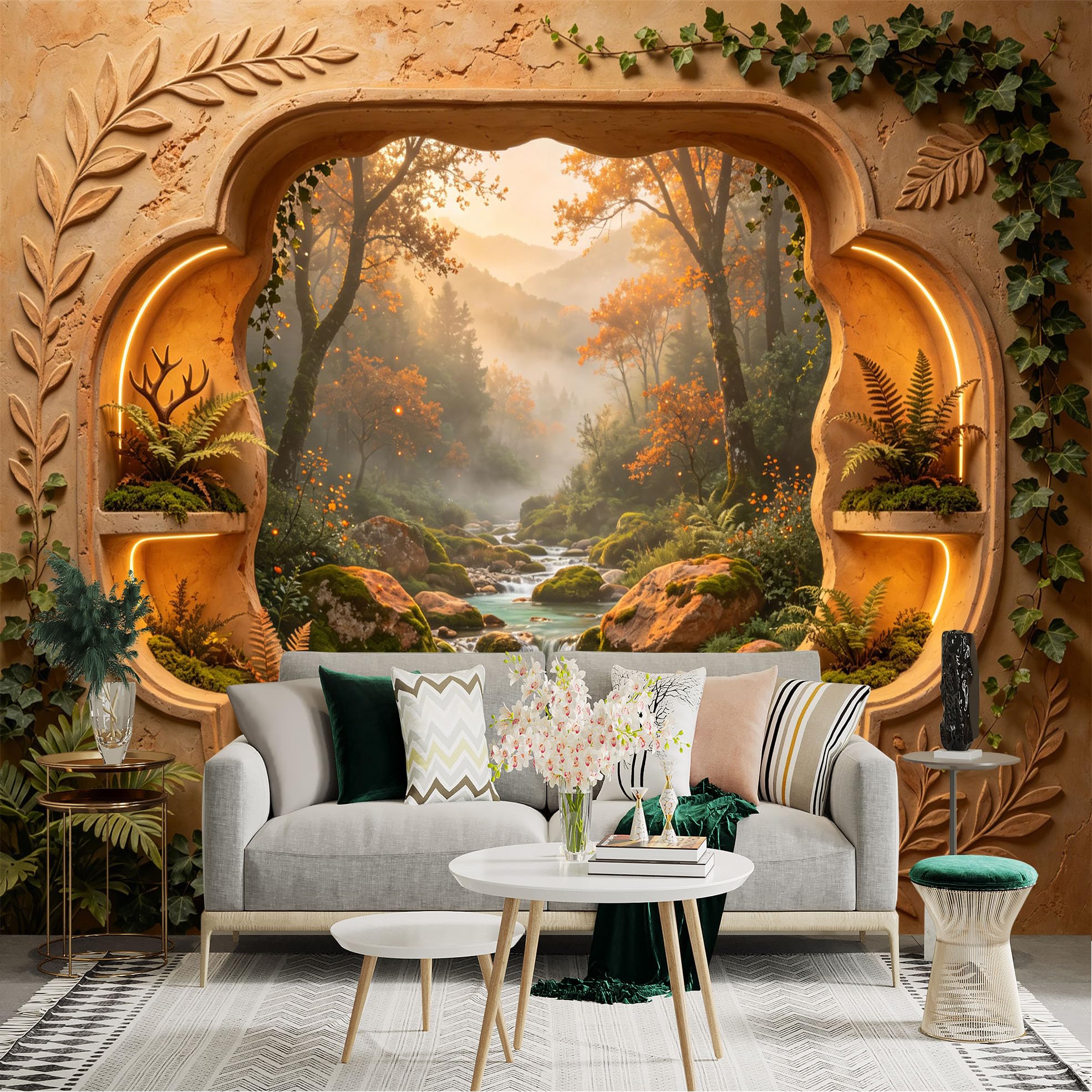 Custom Size Wall Sticker Mural， Autumn Forest with River， Mossy Rocks and Warm Sunset， for wall Decoration， peelandstick wall Decals.