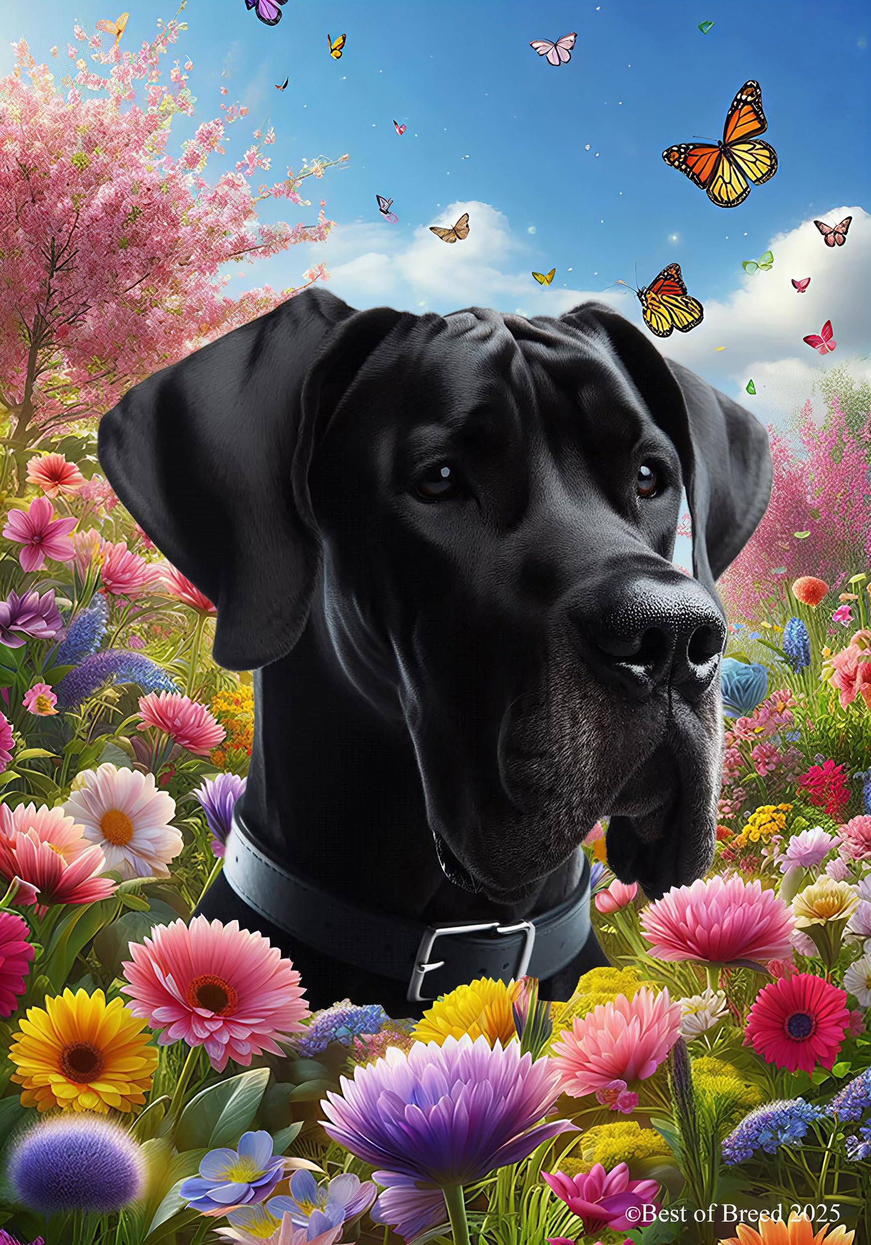 Great Dane Black Uncropped - Best of Breed Spring Butterfly Outdoor Garden Flag 12" x 17" Mailbox Flag Dog Flag