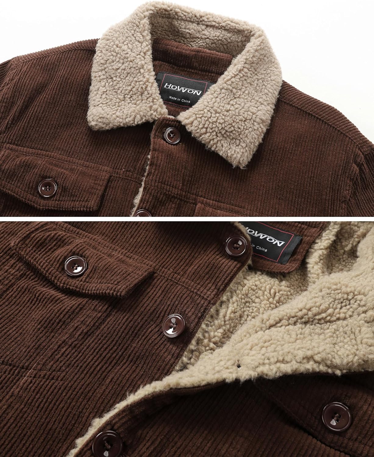 HOW'ON Men's Corduroy Jacket Sherpa Lined Warm Jackets Fur Collar Casual Coats - Image 4