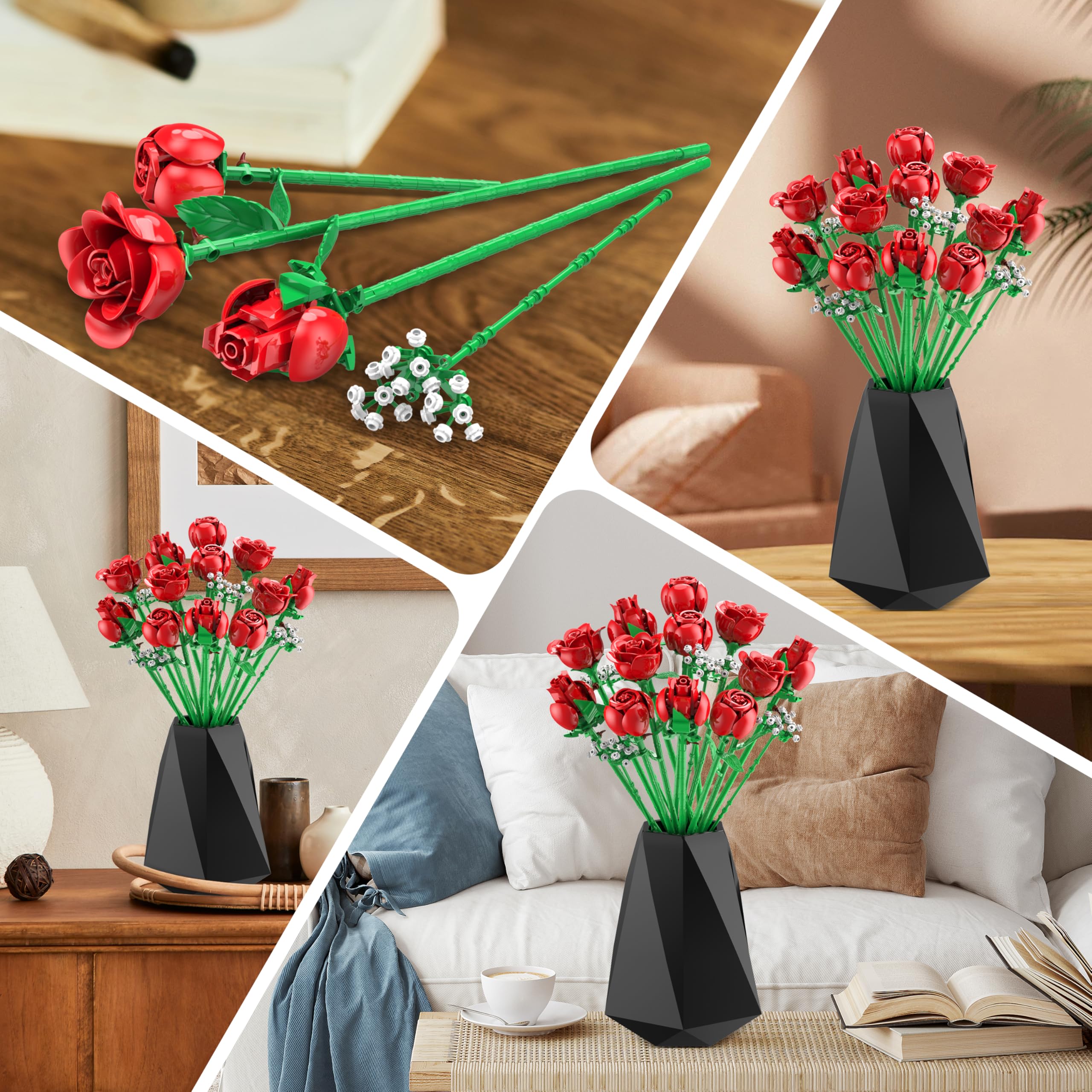 Red Rose Bouquet Building Set, 960PCS Roses Flowers Artificial Flowers Botanical Collection Blocks Kit for Adults Women Gift for Valentines & Mother's Day Home Decor Flower Decorations
