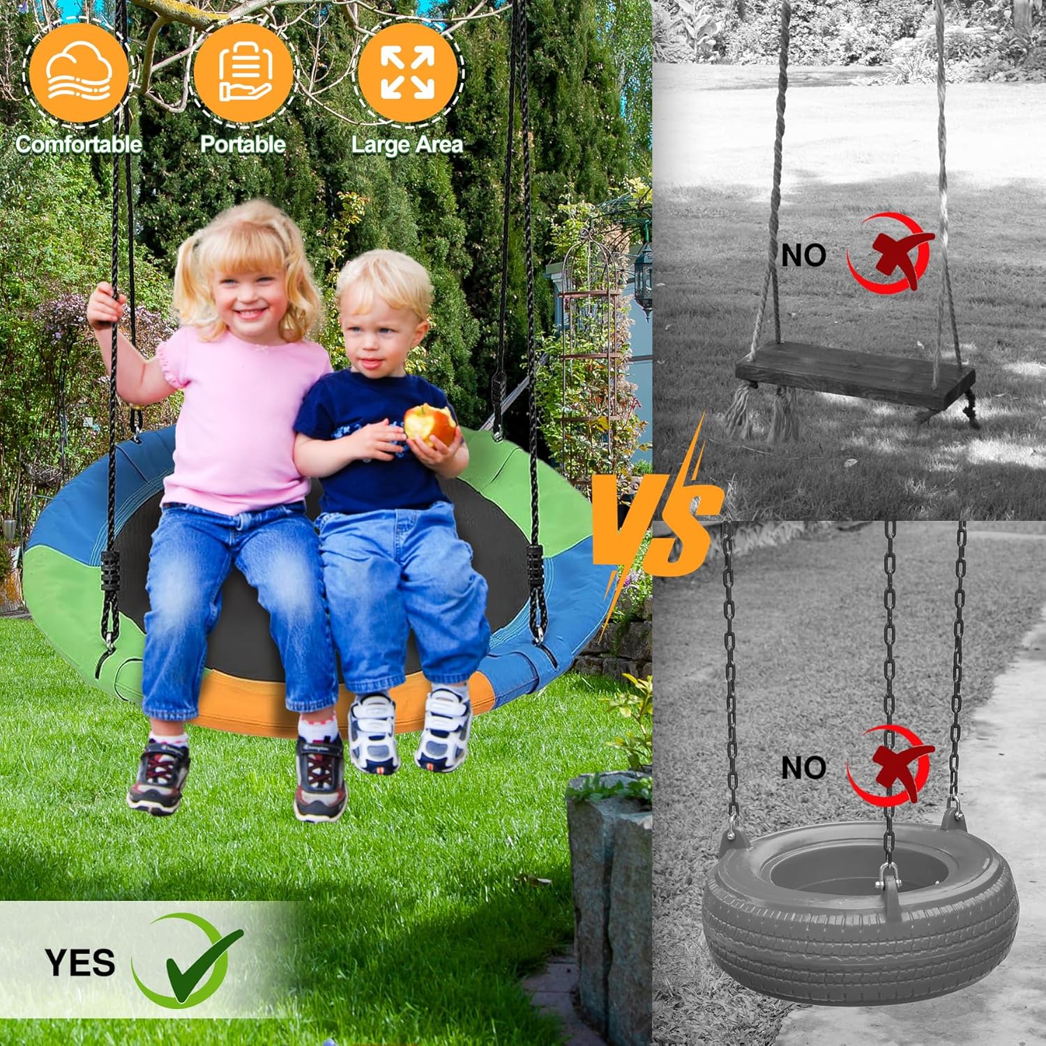 Tree Swings for Kids Outdoor, 40 Inch Diameter 600lb Weight & Adjustable Hanging Ropes Tree Swings, Great for Playground Swing, Backyard and Playroom(3 Colors) (Multicolor)