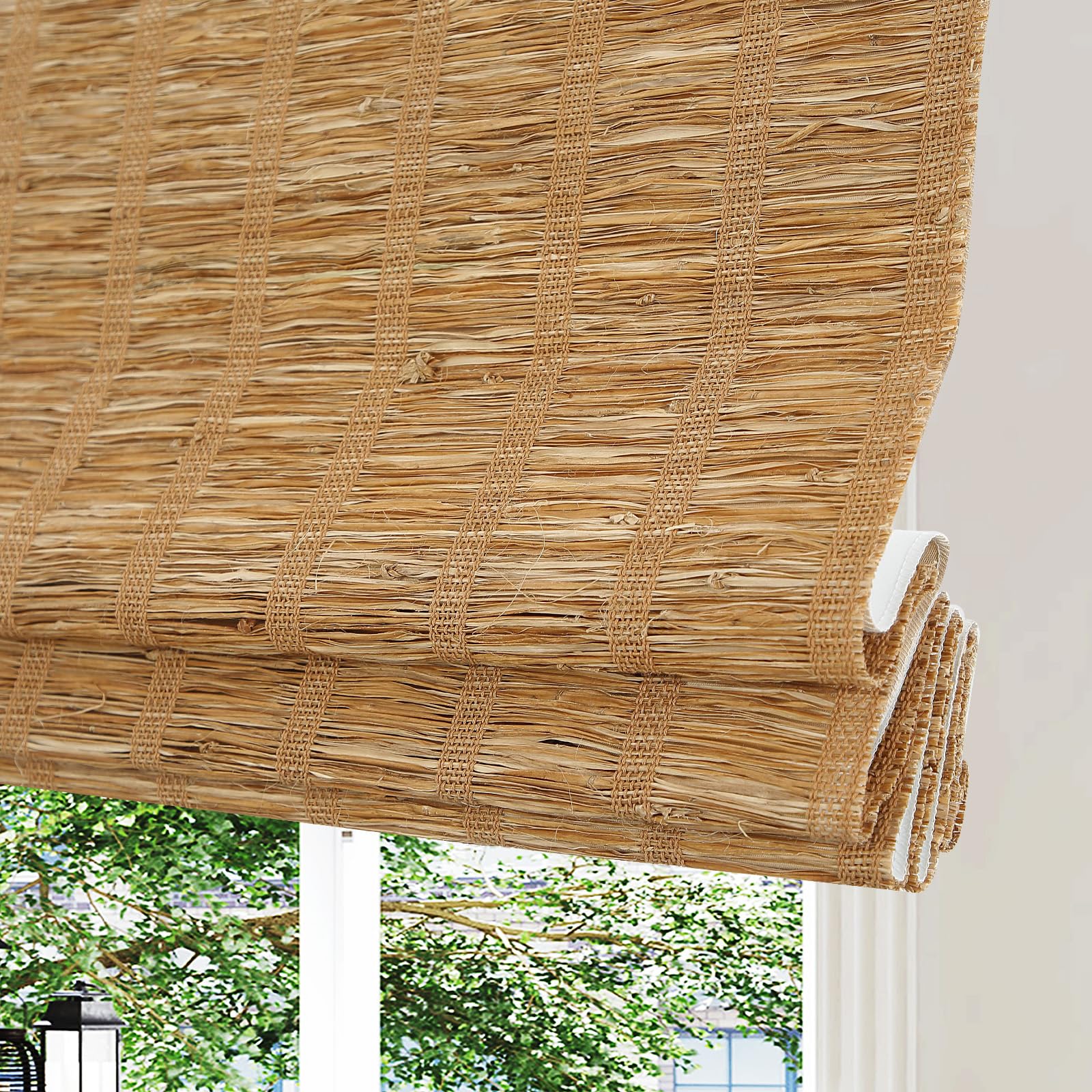 Cordless Bamboo Roman Shades, Custom Waven Wood Window Shades with 6 Inches Top Valance, Room Darkening Bamboo Blinds, Light Filtering Shades for Windows, French Doors, Color EX-3204