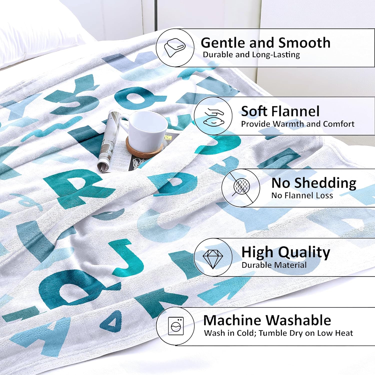 ABC Blanket Alphabet Throw Blanket Alphabets Printed Blankets Soft Flannel Throw Cute Cartoon Blanket Gifts for Kids Teens Boys Girls (White, 50"x60") - Image 8