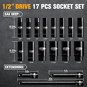 PGROUP 1/2 Inch Drive Deep Impact Socket Set, 17-Piece 6 Point Standard SAE Sizes (3/8 In to 1-1/4 In), Cr-V Steel, Includes 3", 5", 10" Impact Extension Bars with Heavy Duty Storage Case