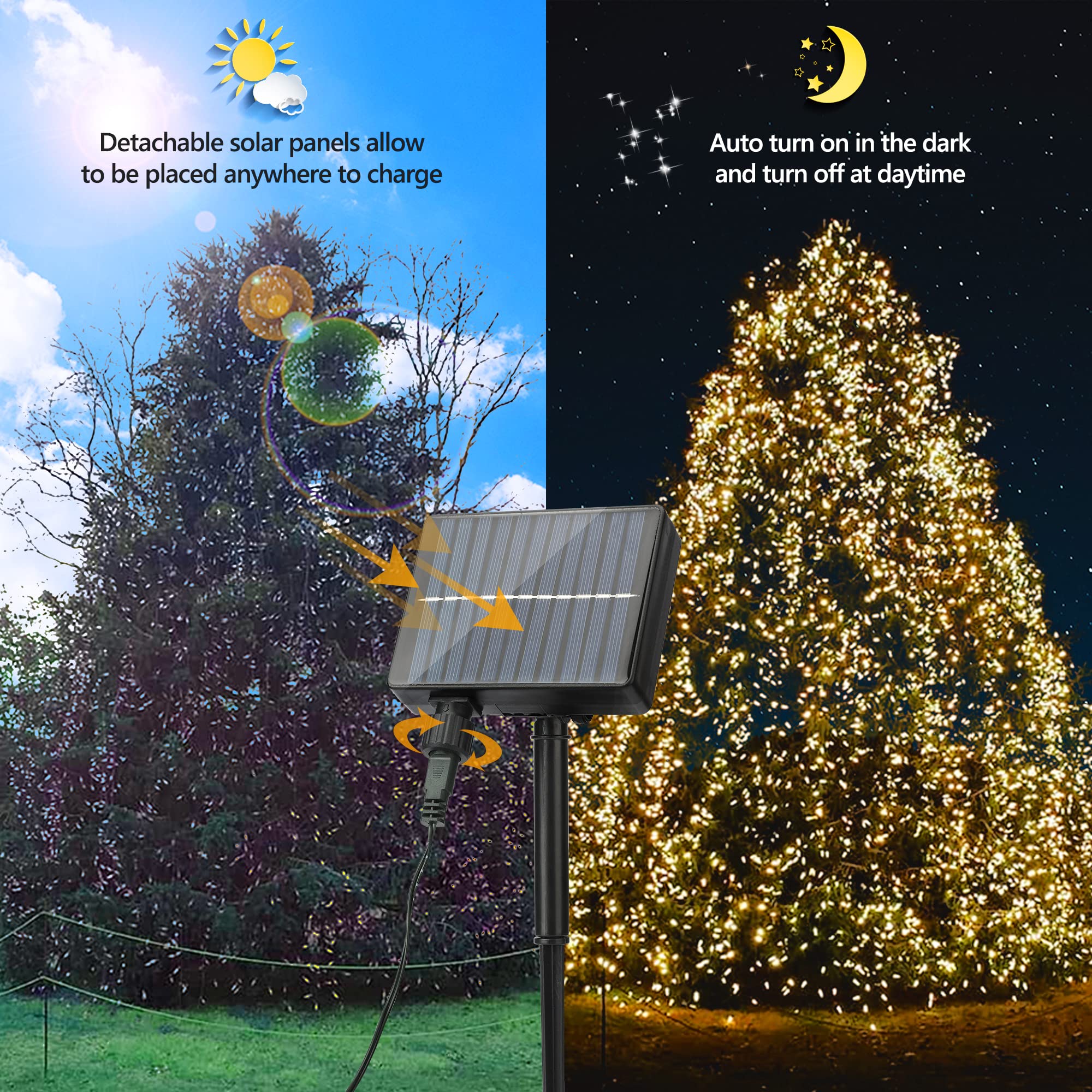 PhilzOps Catena Luminosa Solare Esterno, 2 Pezzi 22M 200 LED Natale Luce Stringa Solari Esterno 8 Modalità Impermeabile Luci LED Decorative con Memoria Per Giardino Albero Patio Festa, Bianco Caldo