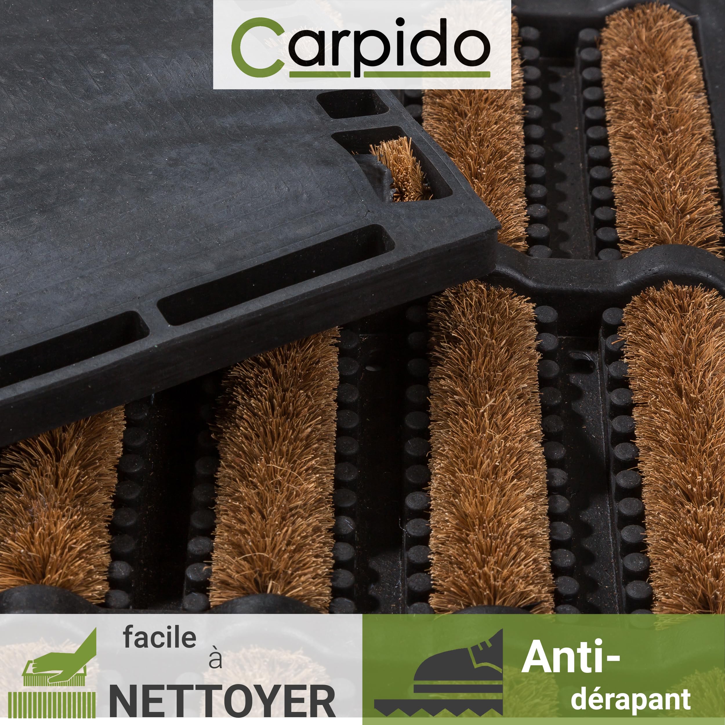 Carpido Paillasson antidérapant - Tapis de Porte en Caoutchouc & Coco - Lignes 40x60 cm Lot de 2 - Résistant aux intempéries et Robuste