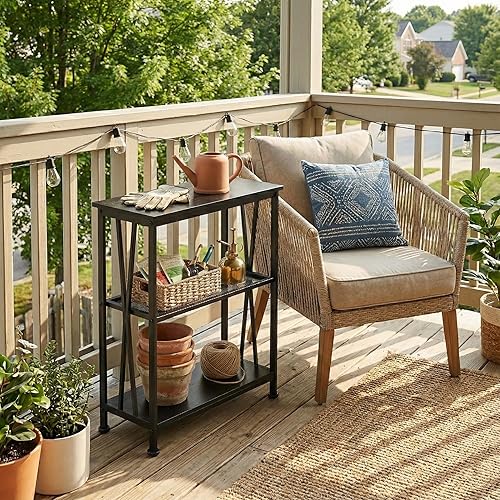 Miniatura 17 de GIOPACO Mesa auxiliar estrecha, mesa auxiliar de 20 pulgadas de largo con estantes de almacenamiento de 3 niveles, mesa de pasillo pequeña, Marrón