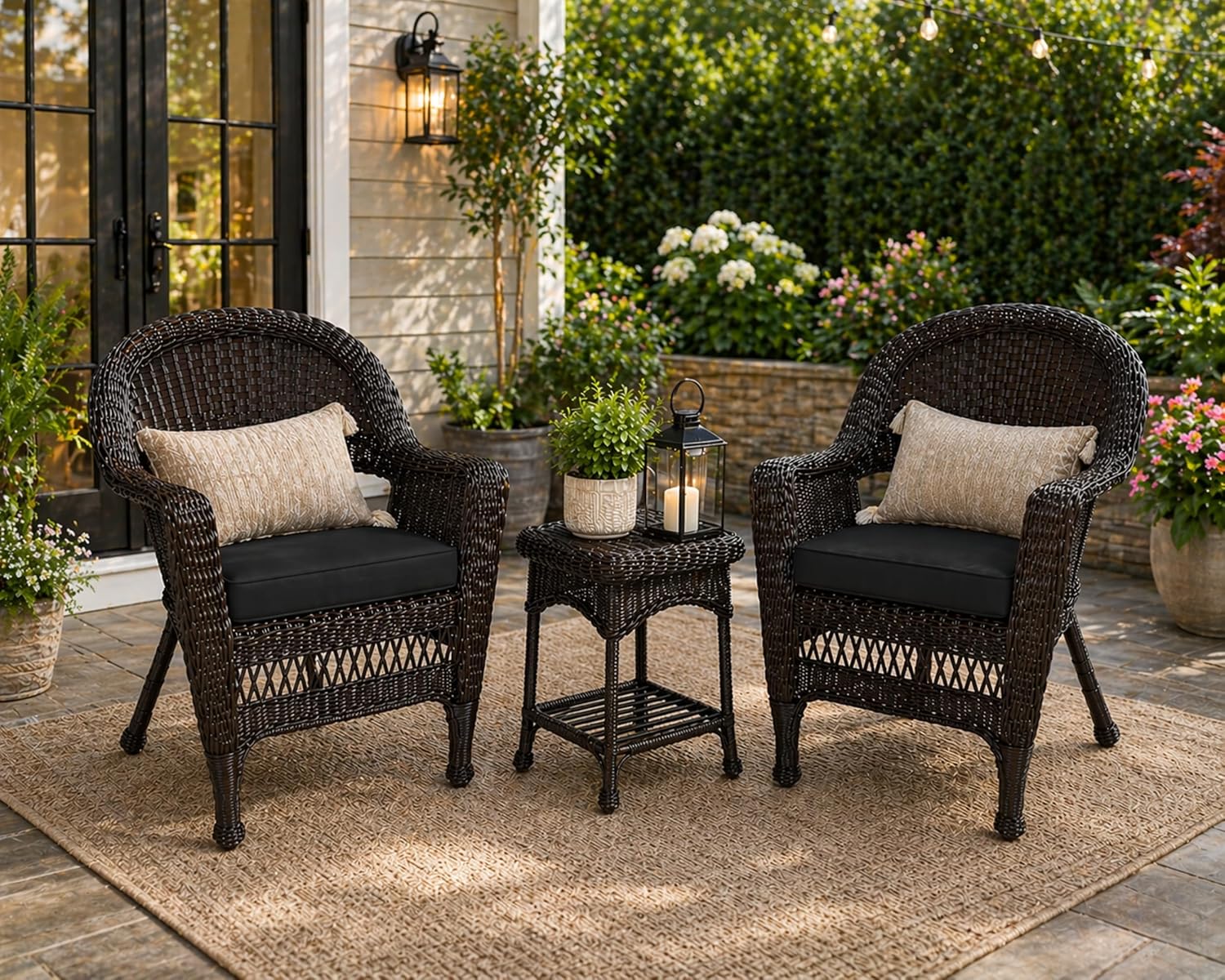 Jeco 3 Piece Wicker End Table Set with with Black Chair Cushion, Espresso