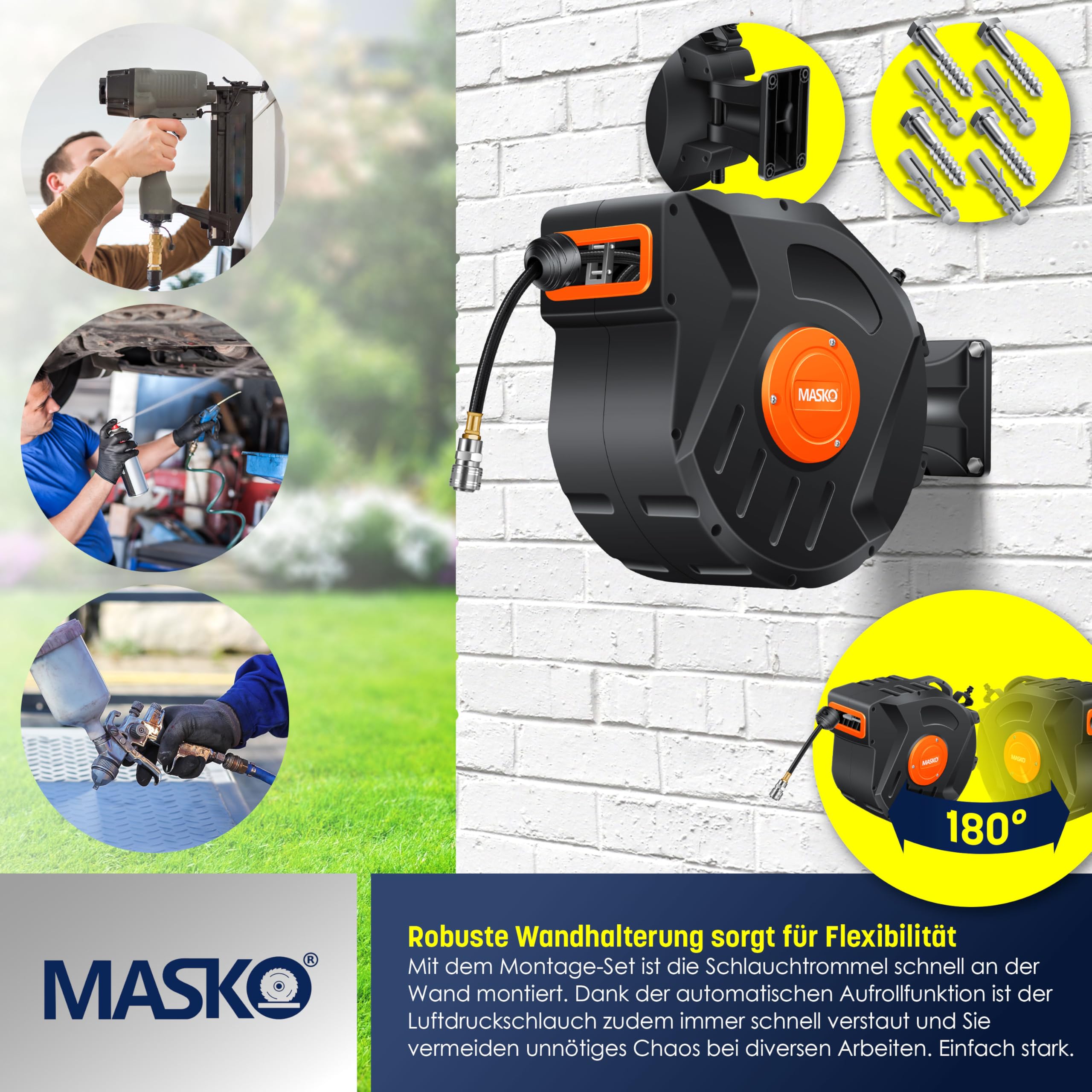 MASKO® Avvolgitore per tubo ad aria compressa automatico Attacco 1/4 - Avvolgitubo Portatubo a muro Avvolgitore per tubo Avvolgitore per tubo ad aria compressa, blu, 10m