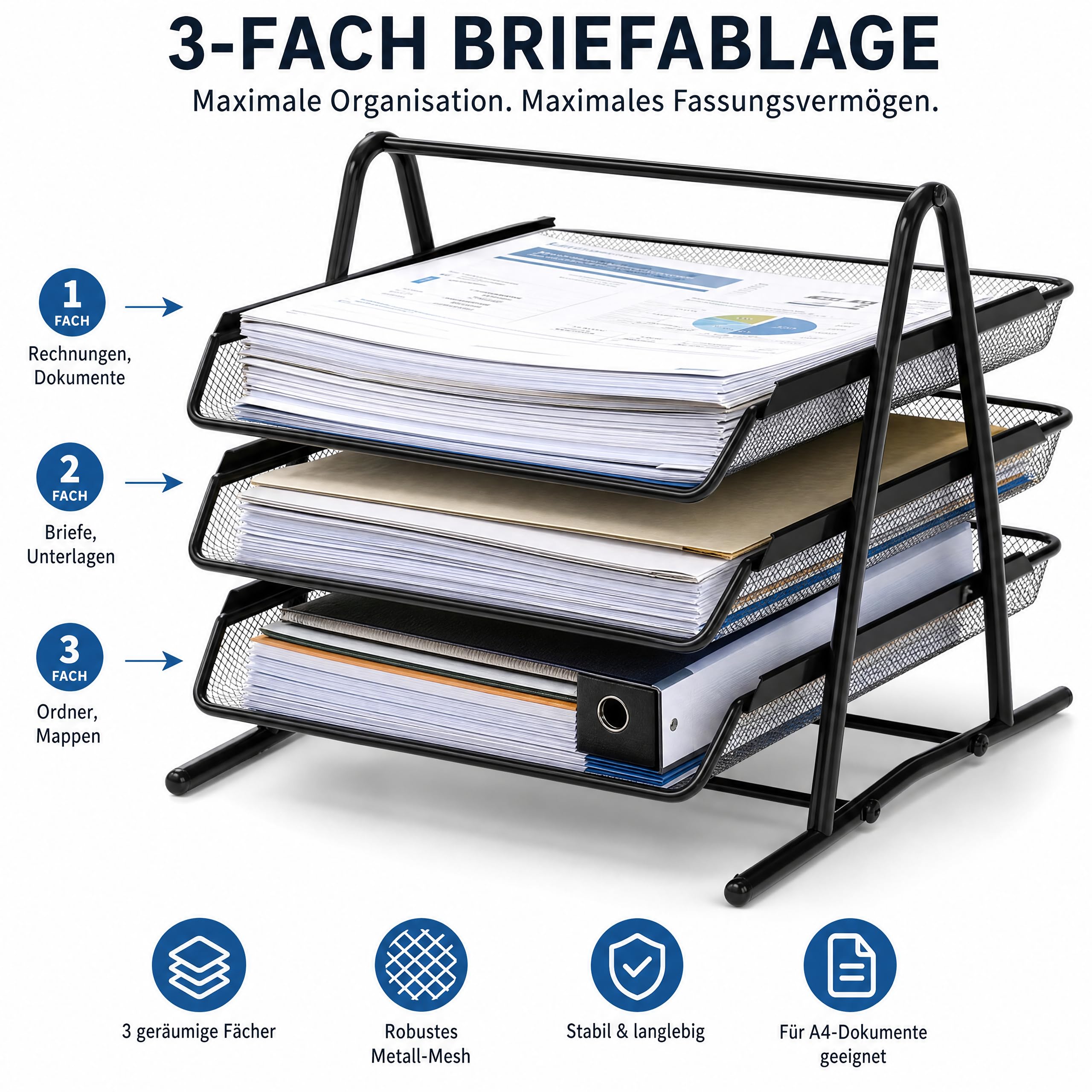 Conipa 2 Dokumentenablagen aus Metall Schwarz – je 3 Fächer Mesh Briefablage für A4 Dokumente – Schreibtisch Organizer & Papierablage für Büro, Home Office & Schule