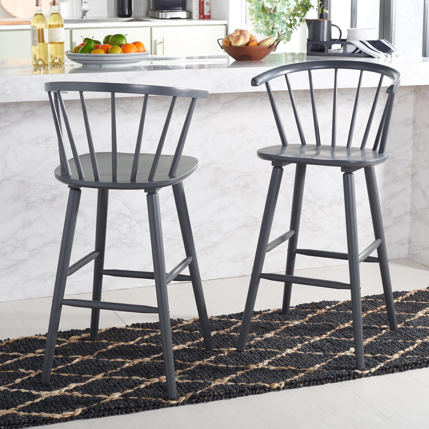 SAFAVIEH Home Collection Blanchard Farmhouse Grey Solid Wood Windsor Spindle 29-inch Seat Height Bar Stool Set of 2