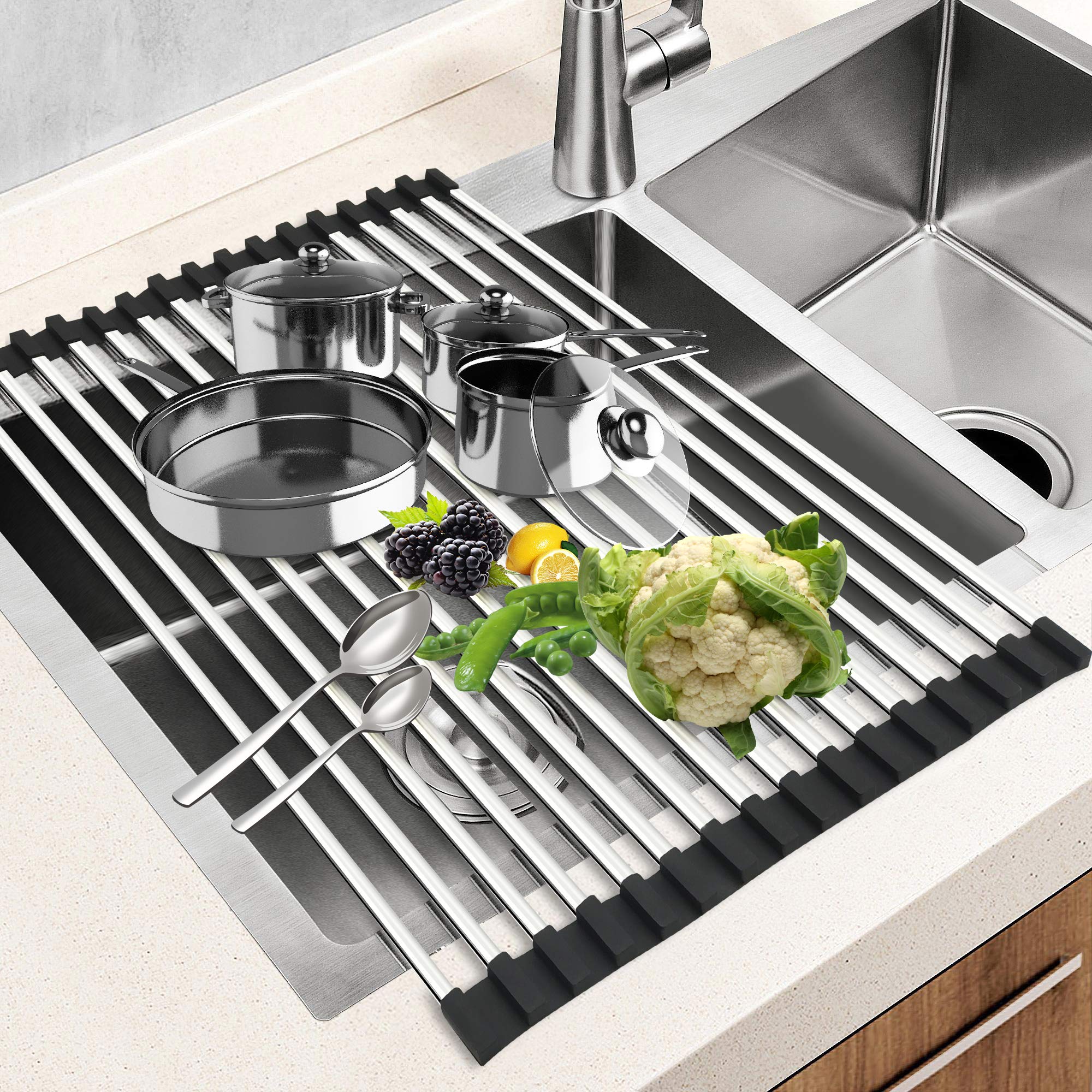 G-TING Dish Drying Rack 17.6" x 16", Over Sink Roll Up Large Dish Drainers Rack, Multipurpose Foldable Kitchen Sink Rack Mat Stainless Steel with Silicone Rims for Dishes, Cups, Fruits Vegetables