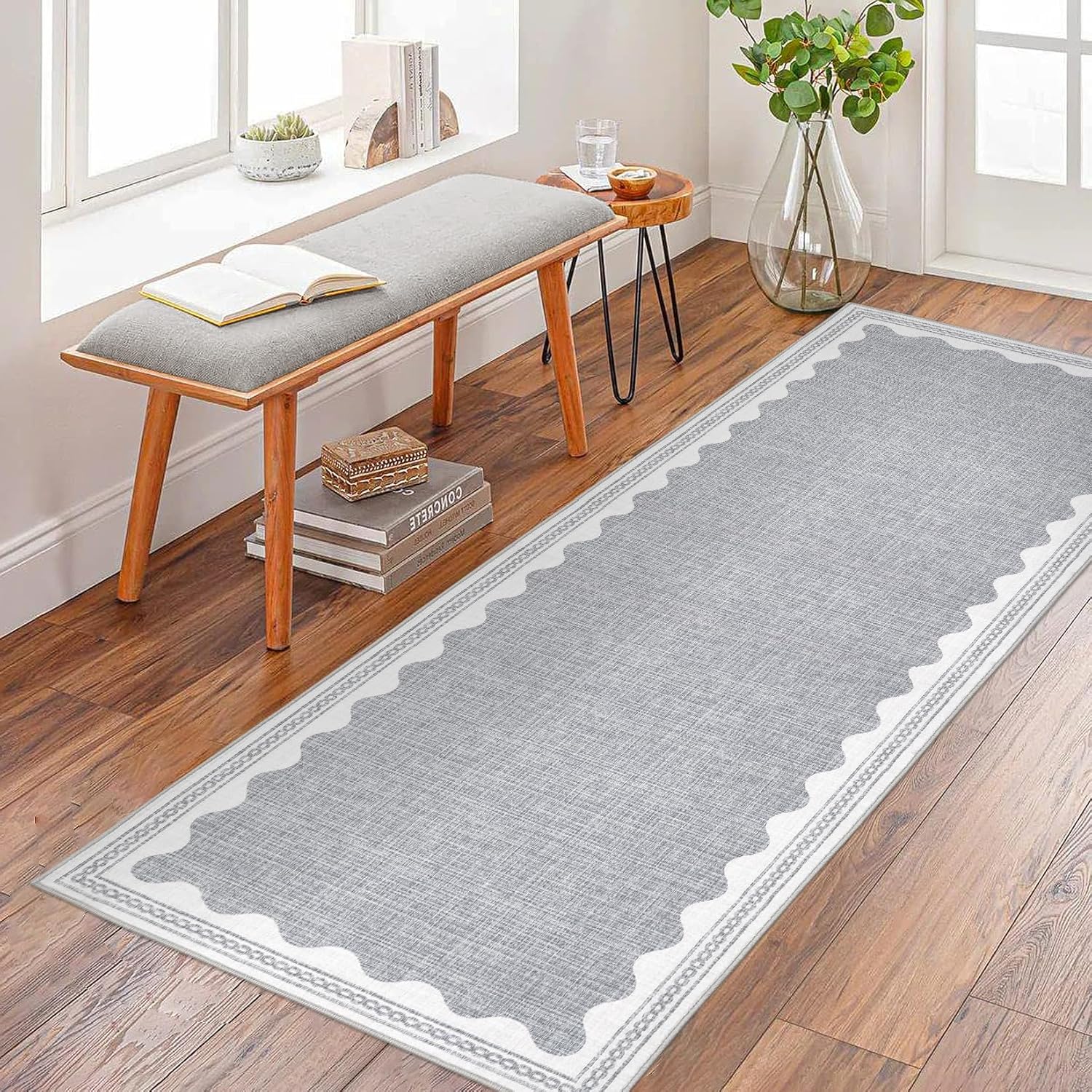 Scalloped Rug 2x6 Runners for Hallways, Solid Grey Runner Rugs Non Slip Scalloped Bath Runner, Washable Rug for Bedroom Girls, Mat for Kitchen Floor Soft Dorm Nursery Carpet for Bedside - Image 6
