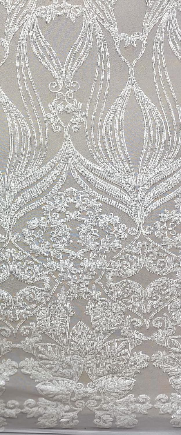 Valentina Textile INc Damask Design Embroidered on Mesh Lace Fabric by The Yard VT-16 (1 Yard, Nude Iridescent Green)